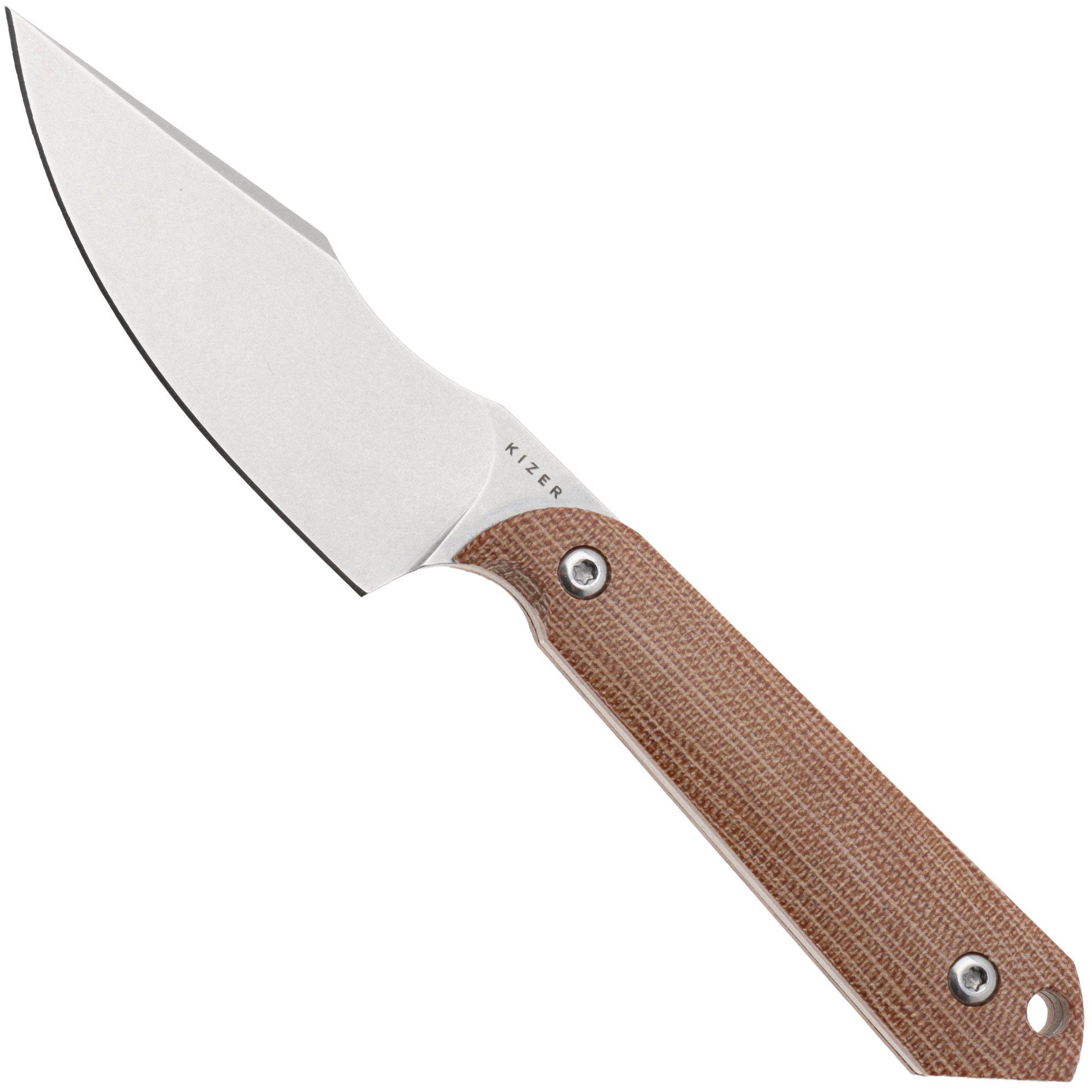 Kizer Harpoon Mini 1040S7, Satin AEB-L, Brown Micarta, Fahrtenmesser, Maverick Customs Design