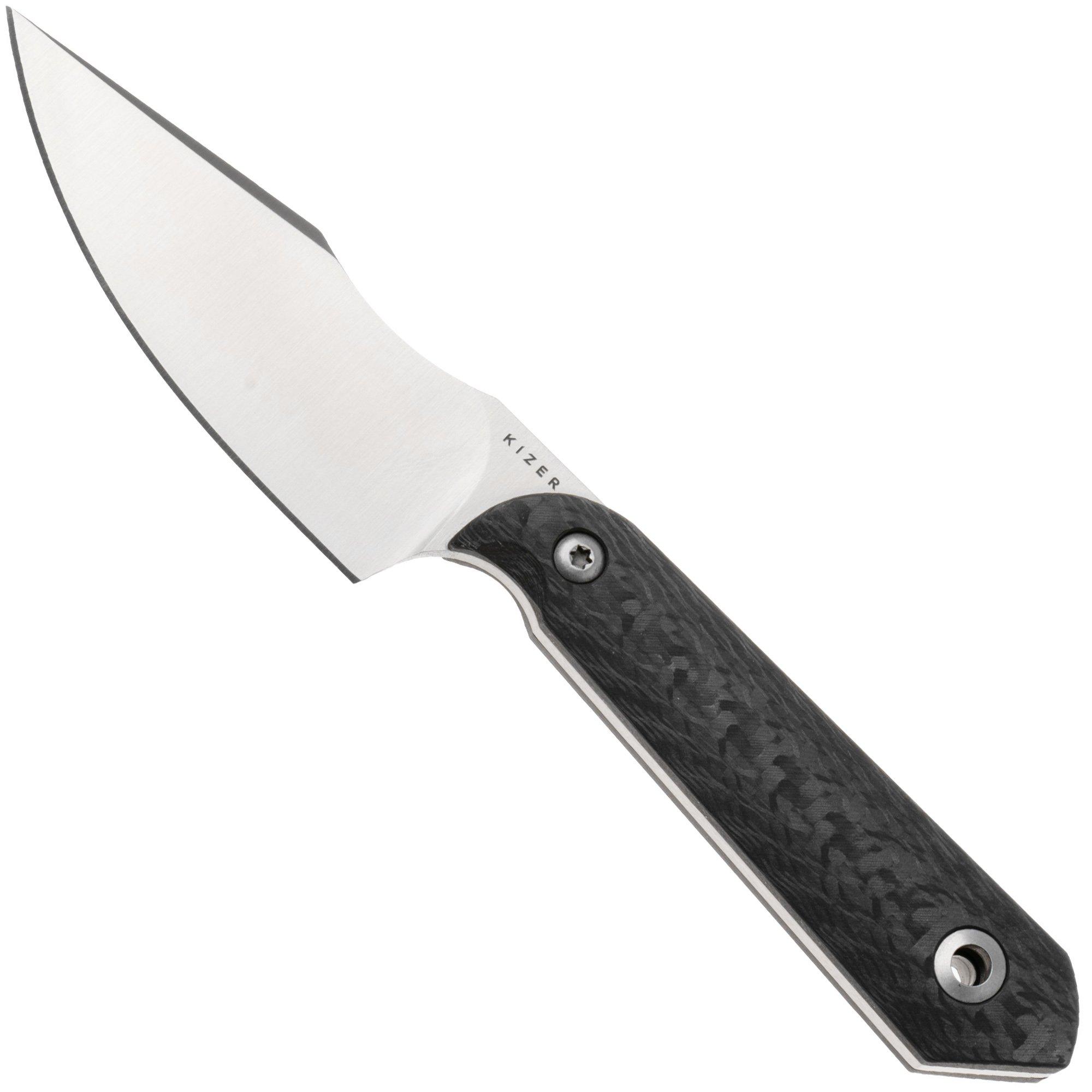 Kizer Harpoon Mini 1040S8 Satin M390, Black Carbon Fiber Fahrtenmesser, Maverick Customs Design