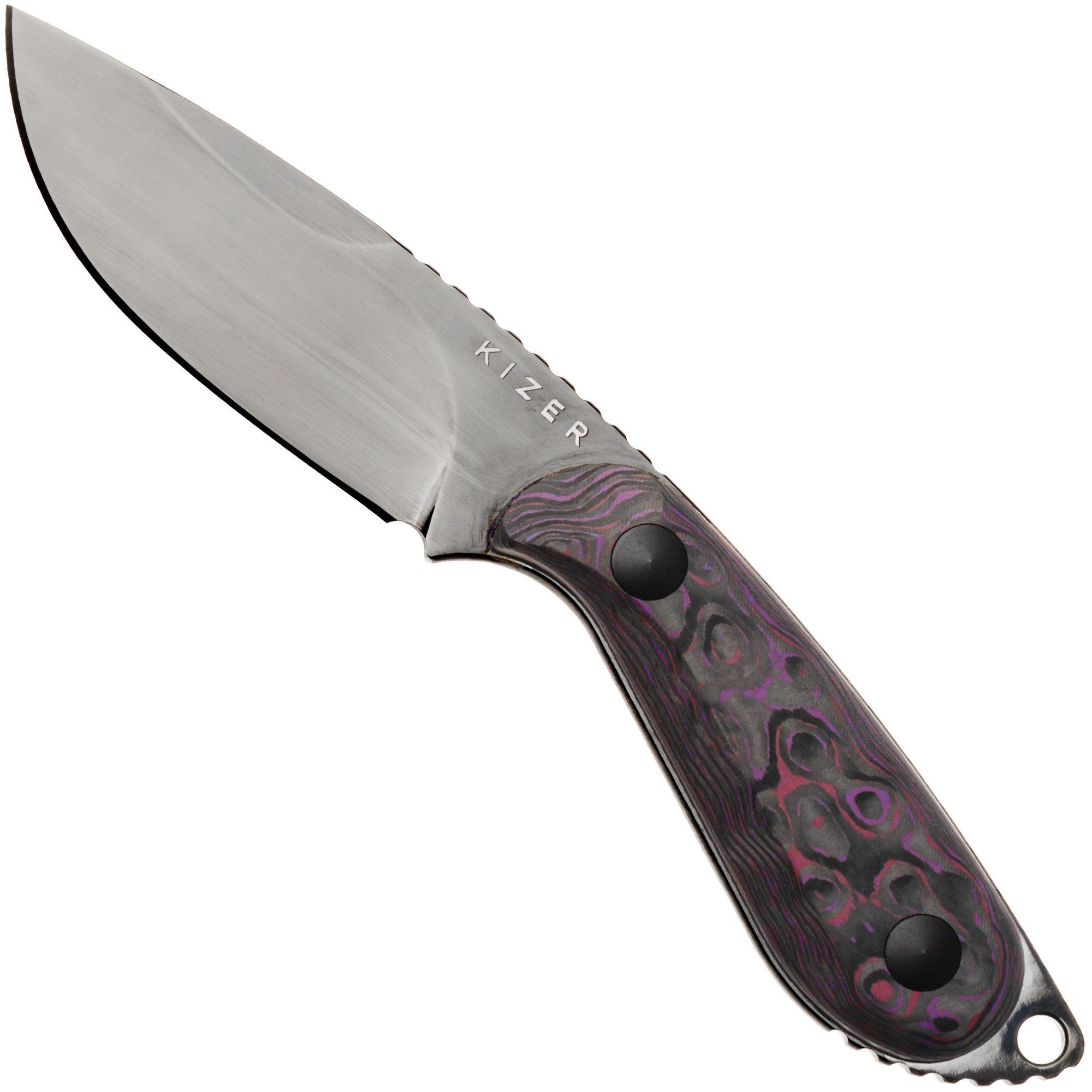 Kizer Buddy 1081A10, Polished DLC CPM 4V, Purple Haze Fat Carbon fixed knife, Maksim Epifantsev design