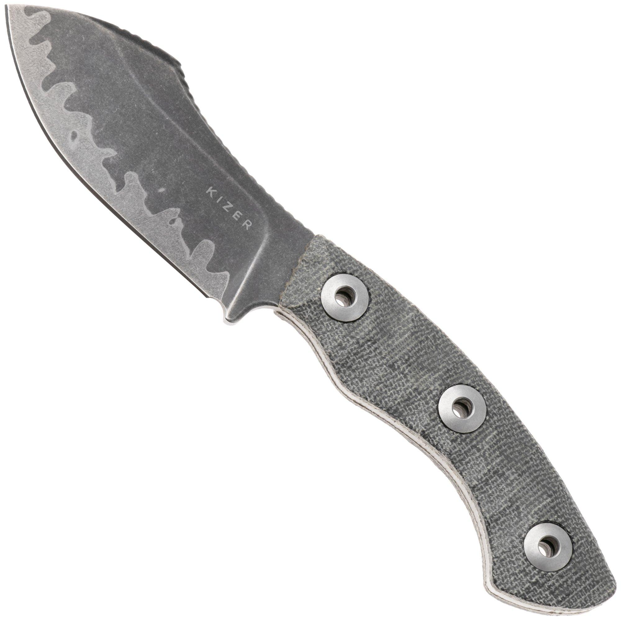 Kizer Vanguard Rook 1090A2 Acid Washed 3-Layer Composite, Norplex UltreX Micarta, vaststaand mes, Vincent Rizzo design