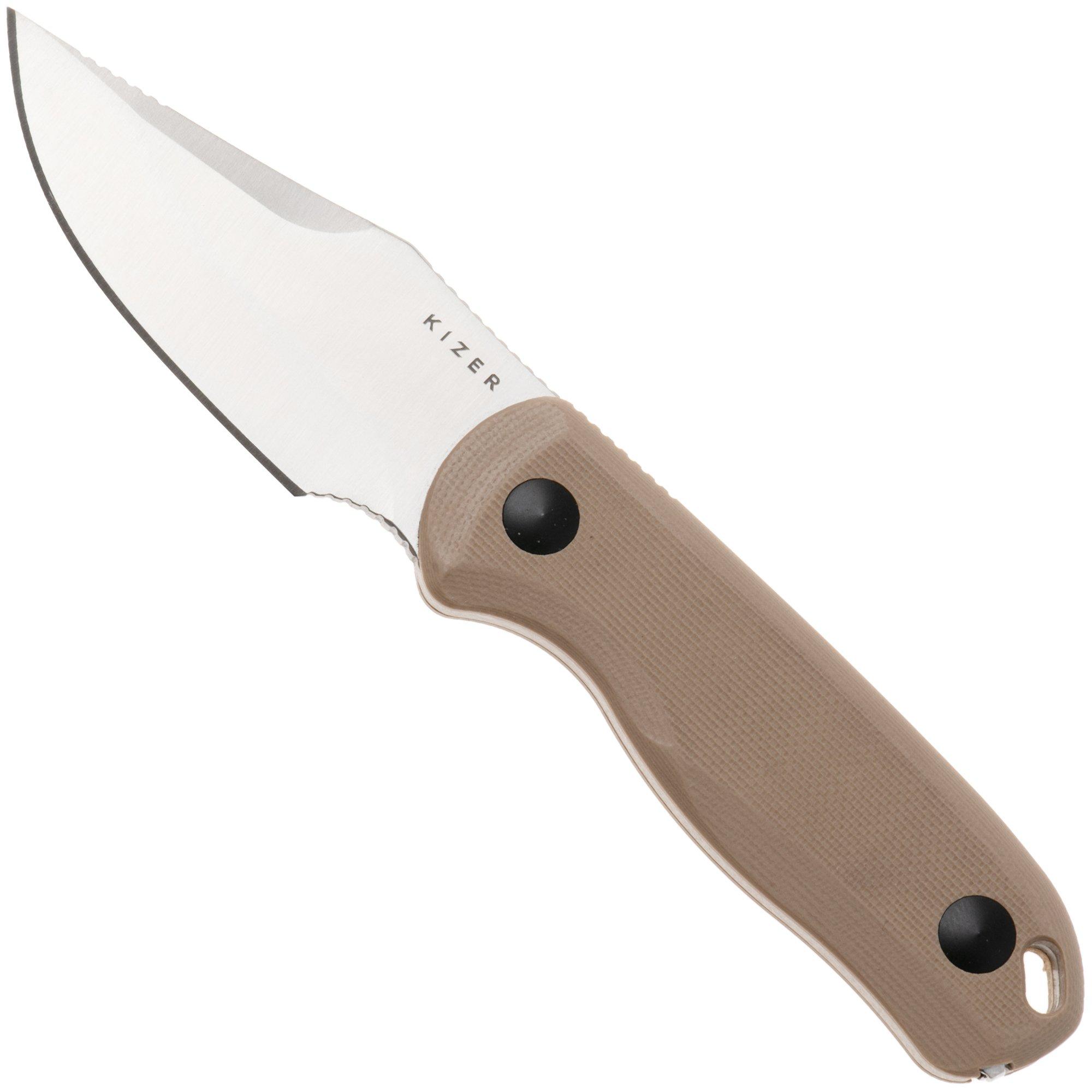 Kizer Vanguard Drop Bear Fix 1092A2 Clippoint Satin AEB-L, Tan G10, couteau fixe, Azo design