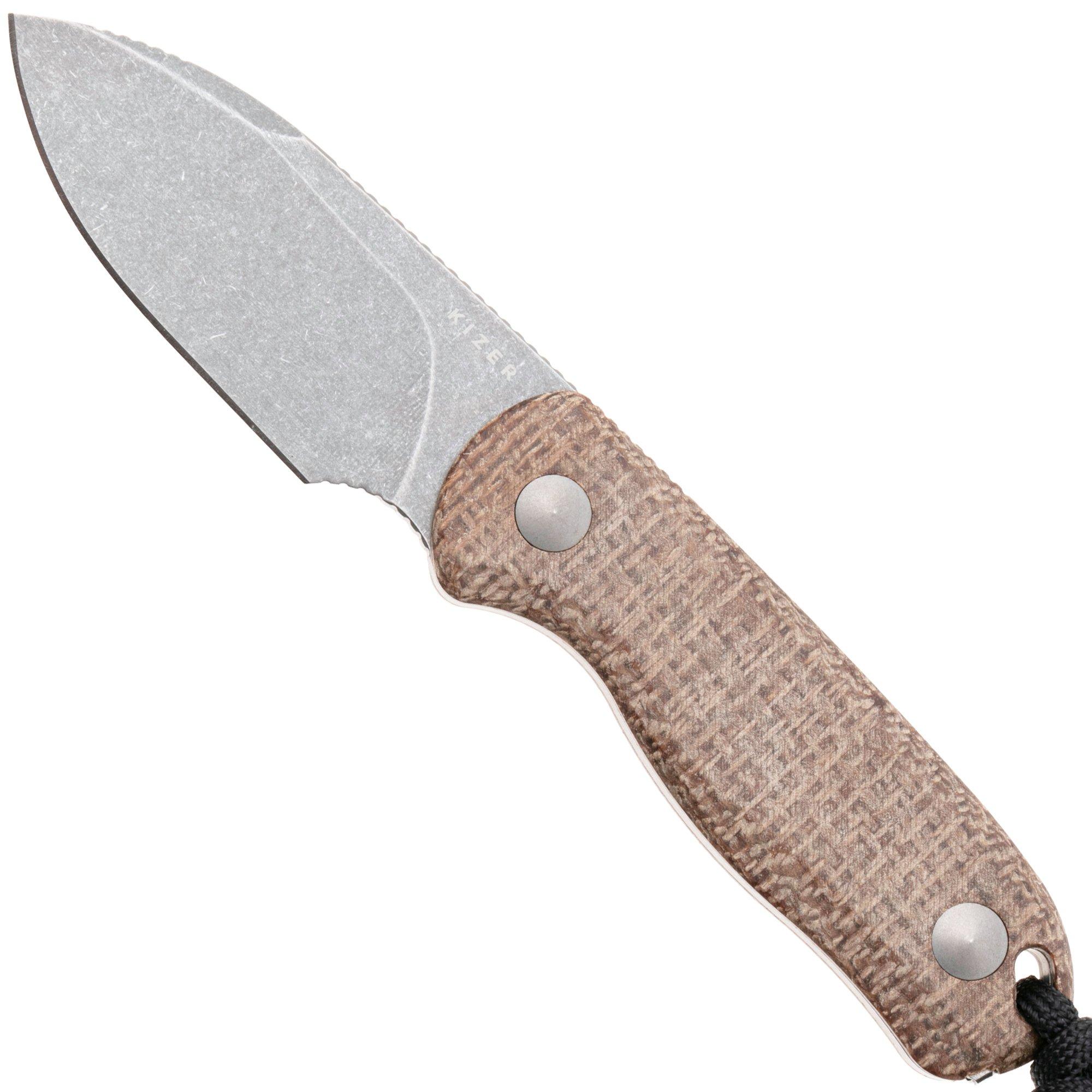 Kizer Drop Bear 1094A1 Gray Stonewash 14C28N, Burlap Micarta, vaststaand mes