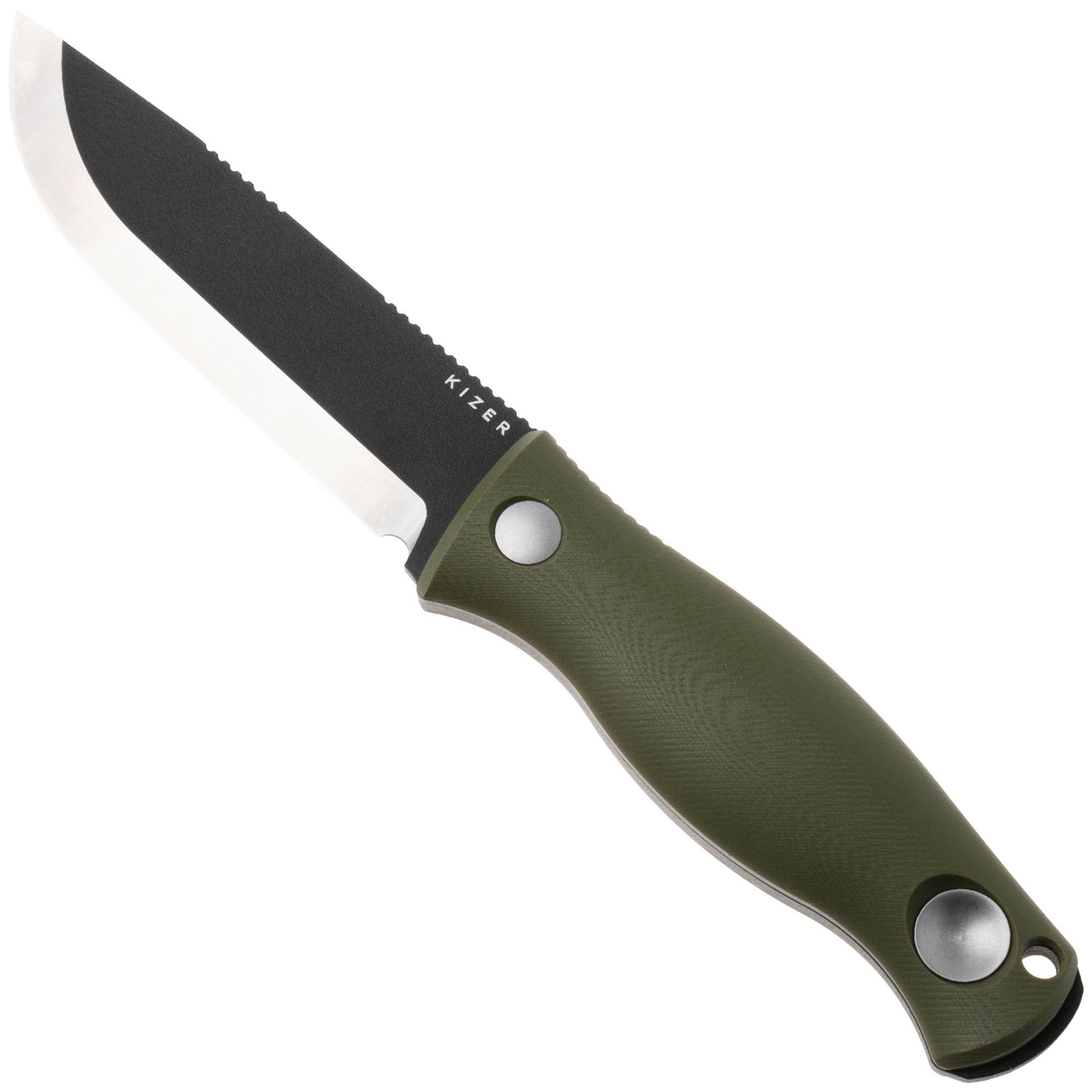 Kizer Polaris 1100A2, Black 1095 Carbon Steel, OD Green G10, fixed knife, Azo design