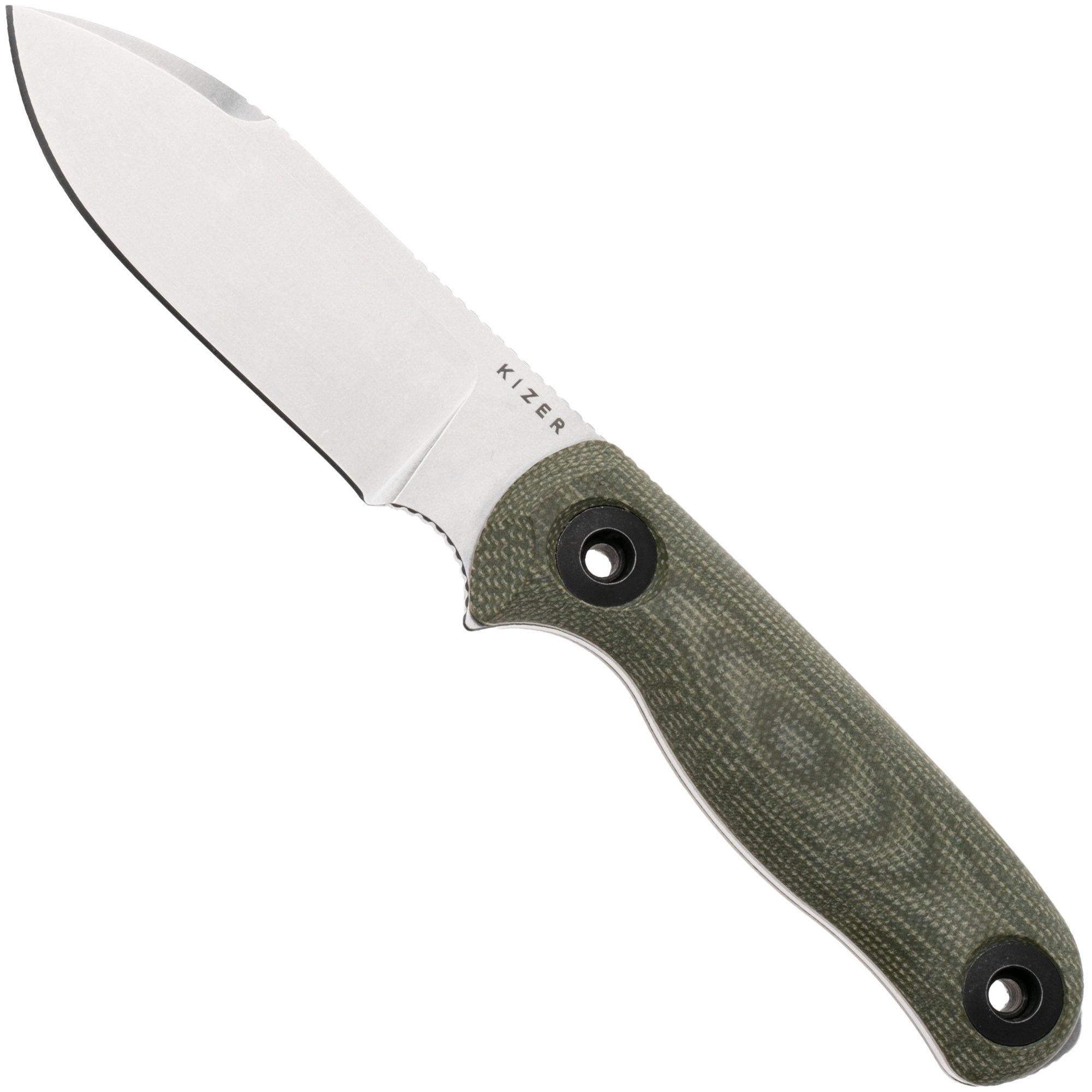 Kizer Drop Bear Fix 3, 1101A2, Satin Sandvik 14C28N, Green Micarta Bushcraft Messer, Azo Design