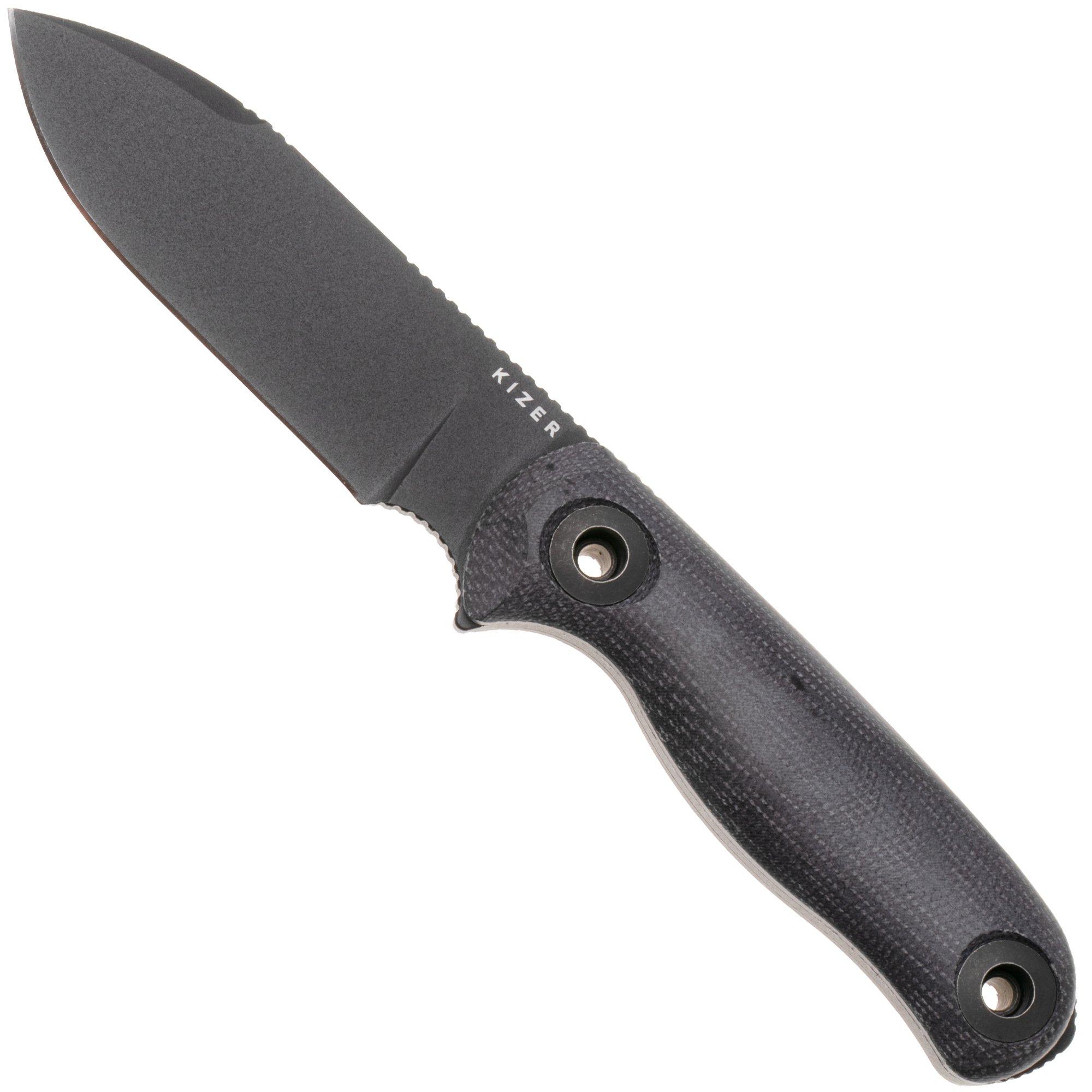 Kizer Drop Bear Fix 3, 1101A3, Black 1095 Carbon Steel, Black Micarta Bushcraft Messer, Azo Design