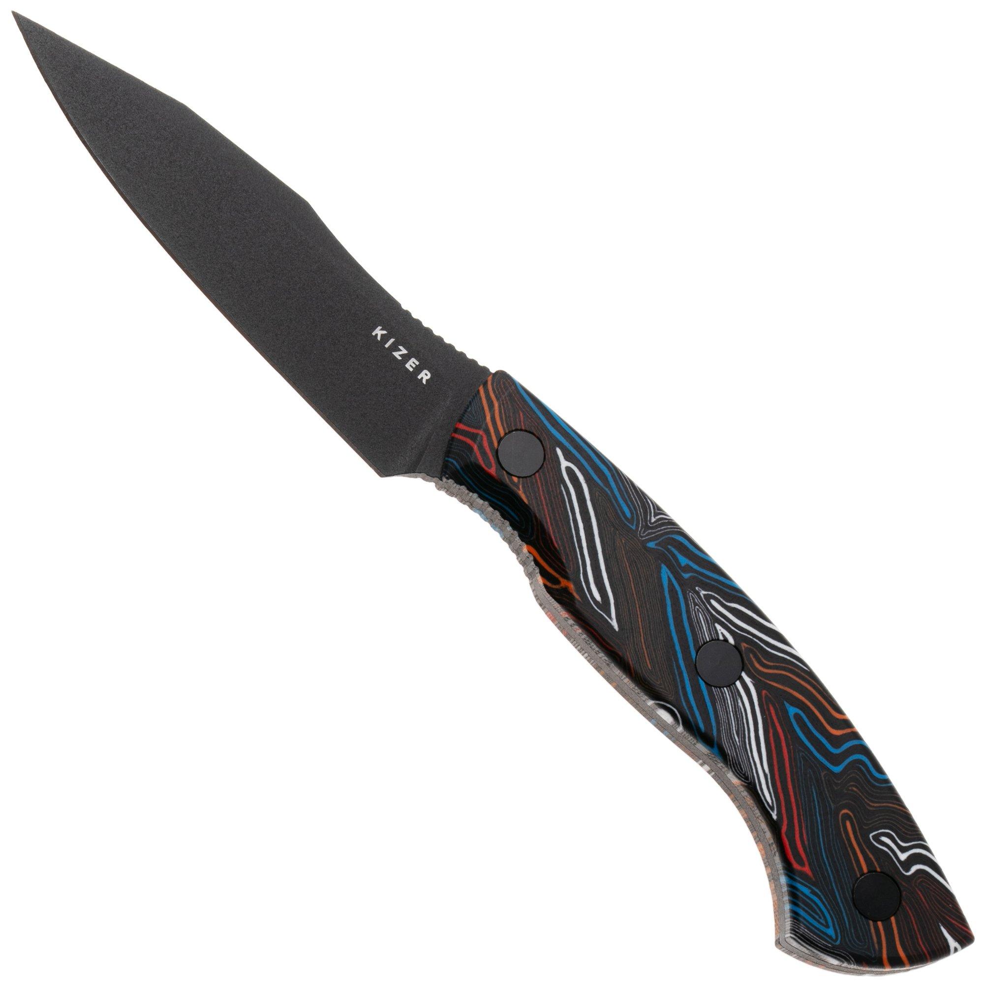 Kizer Hissbite 1109A1, Black CPM 3V, Damascus Pattern G10, Fahrtenmesser, Boris Bairov Design