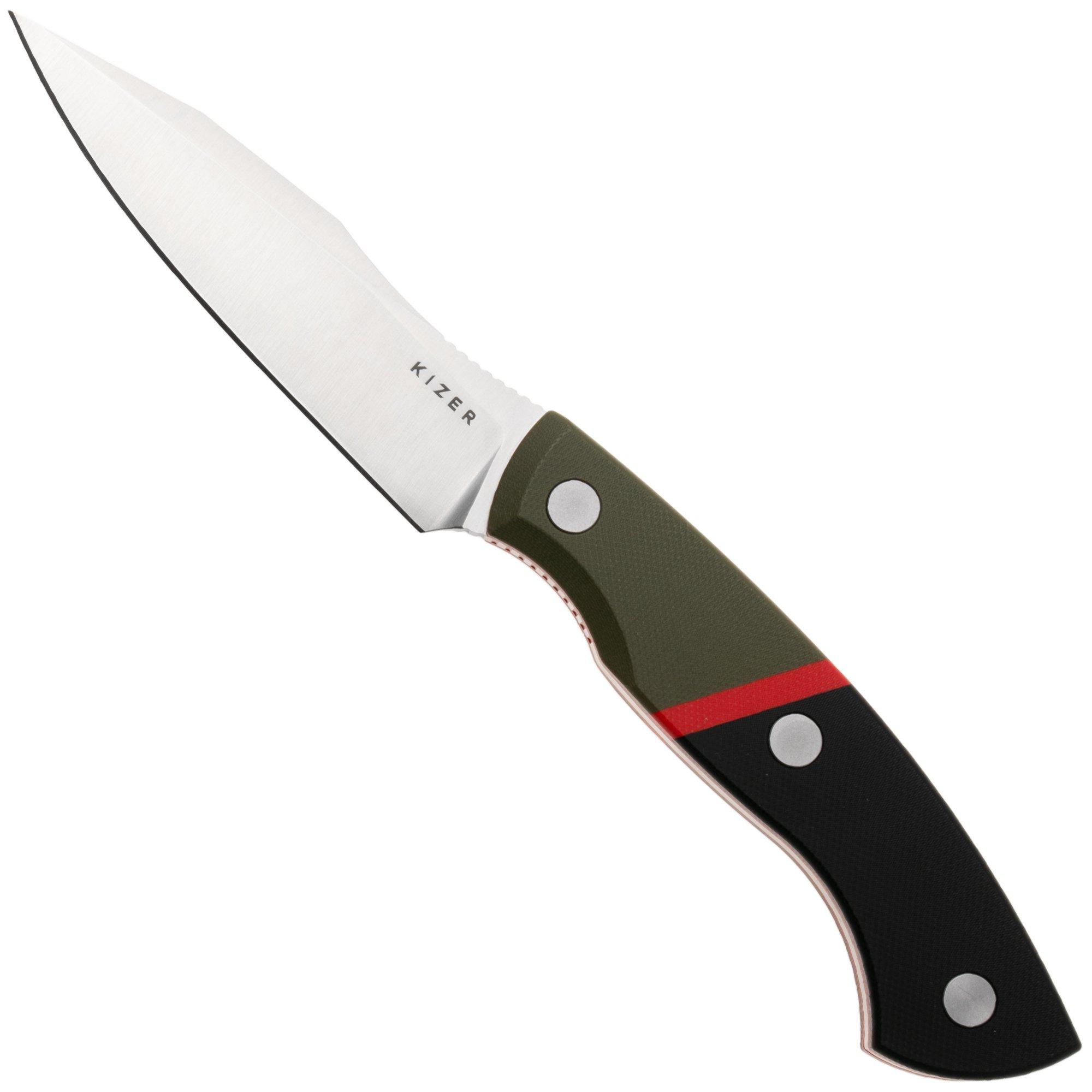 Kizer Hissbite 1109A2, Satin AEB-L, Black/OD Green/Red G10, Fahrtenmesser, Boris Bairov Design