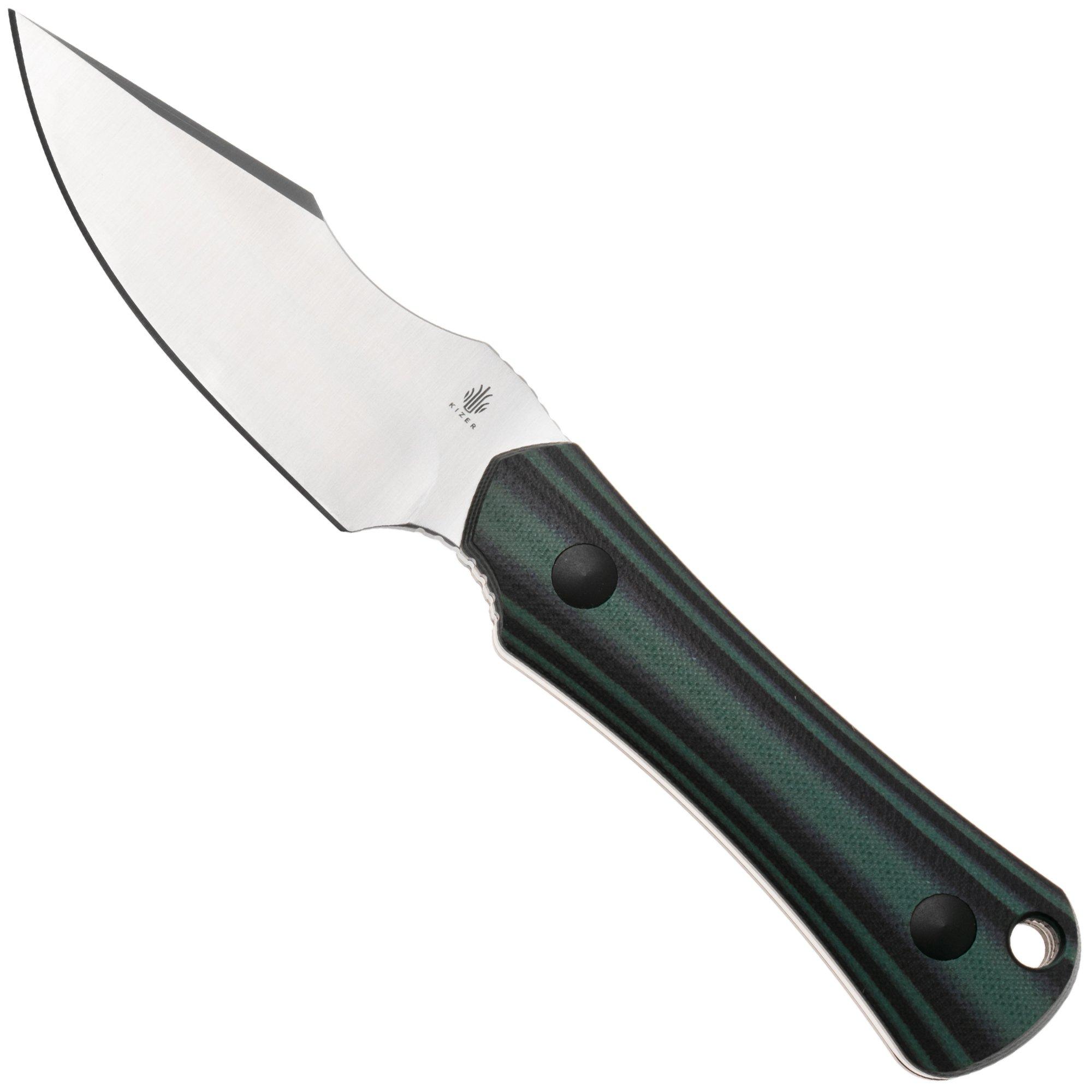 Kizer Bone 1122A3 Satin AEB-L, Black Green G10, couteau fixe, Maverick Customs design