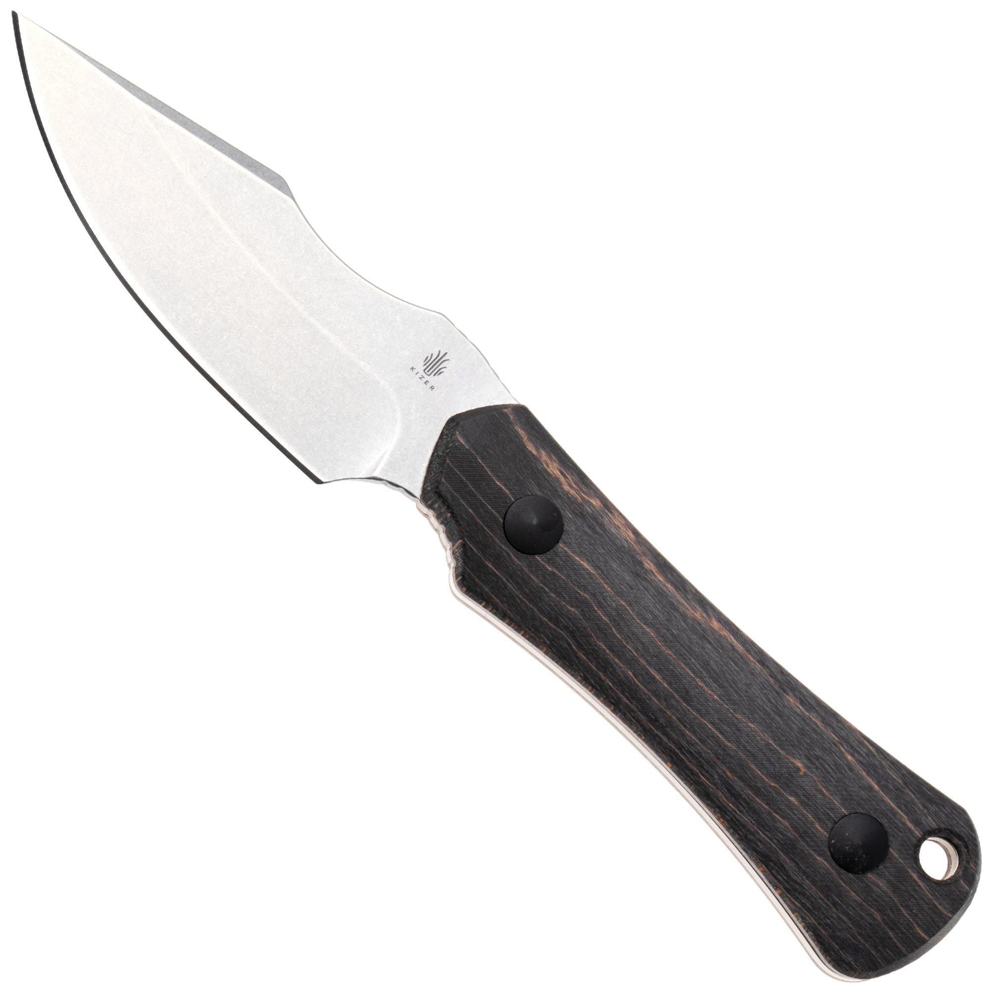 Kizer Bone 1122A4 Stonewashed AEB-L , Stabilized Wood, vaststaand mes, Maverick Customs design