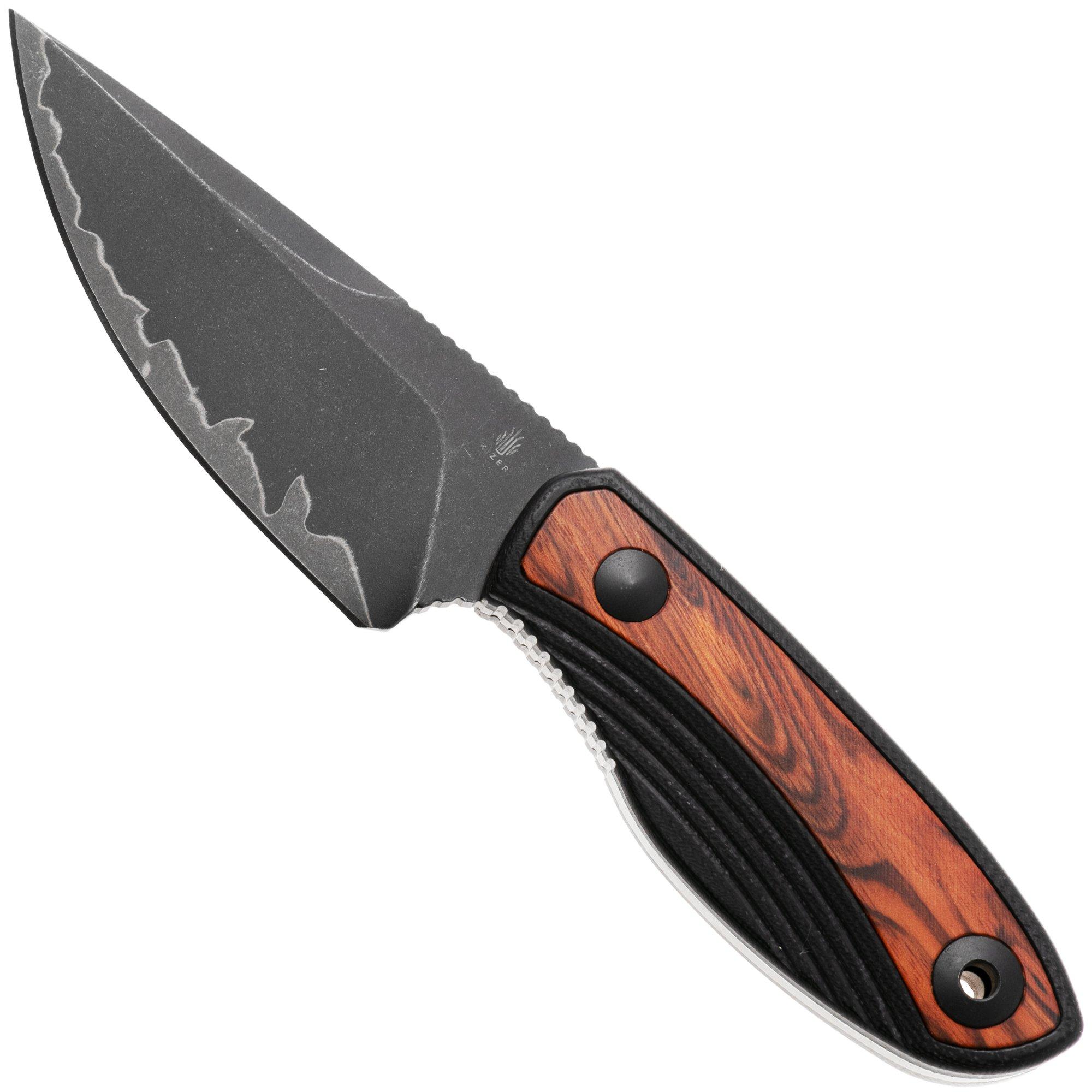 Kizer Finch 1134A1, Black Acid Washed 3 Layer Composite Steel, Black G10/Mkuruti Wood fixed knife, Vincent Rizzo design