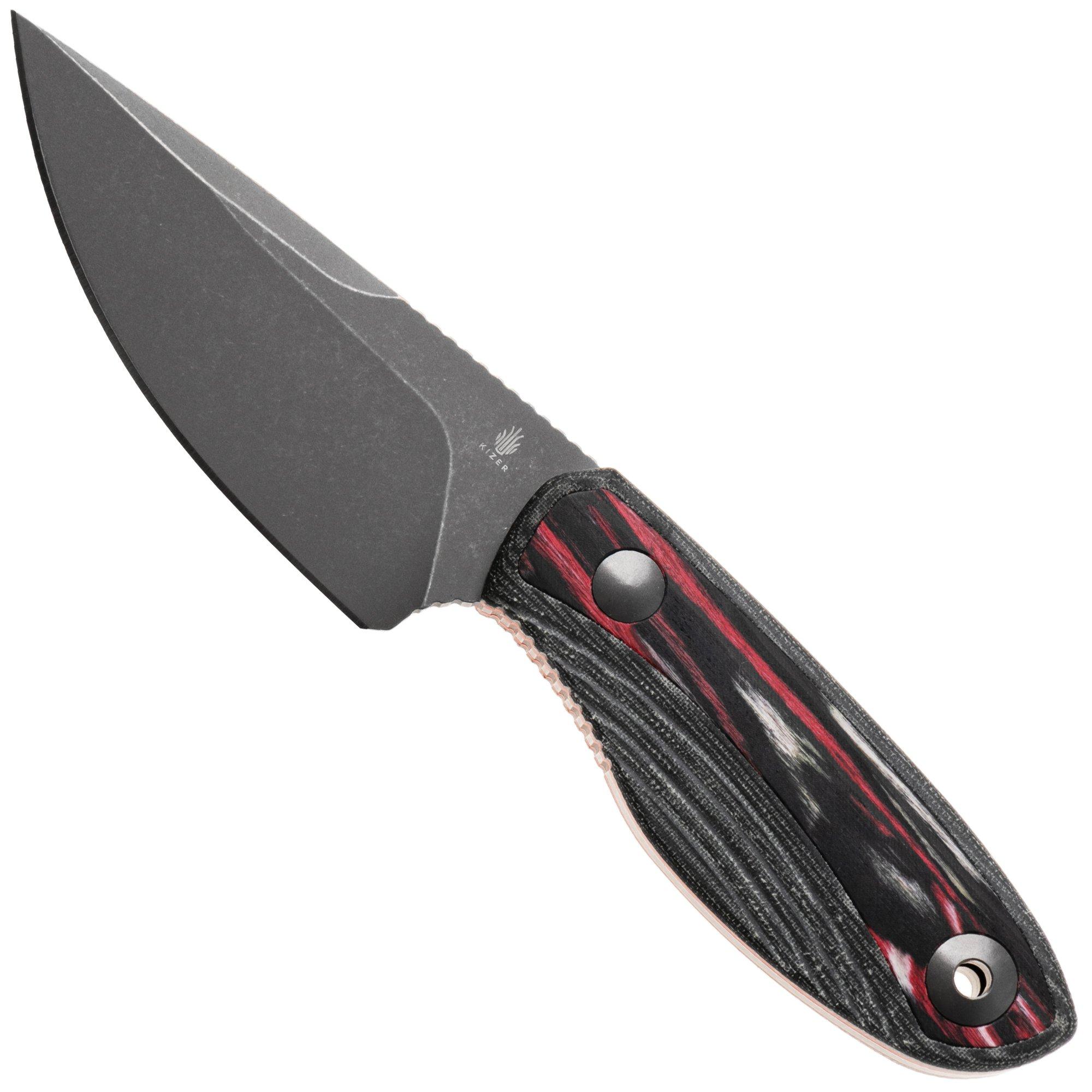 Kizer Finch 1134A2, Gray PVD Stonewashed AEB-L, Black Micarta/Reconstituted Wood fixed knife, Vincent Rizzo design