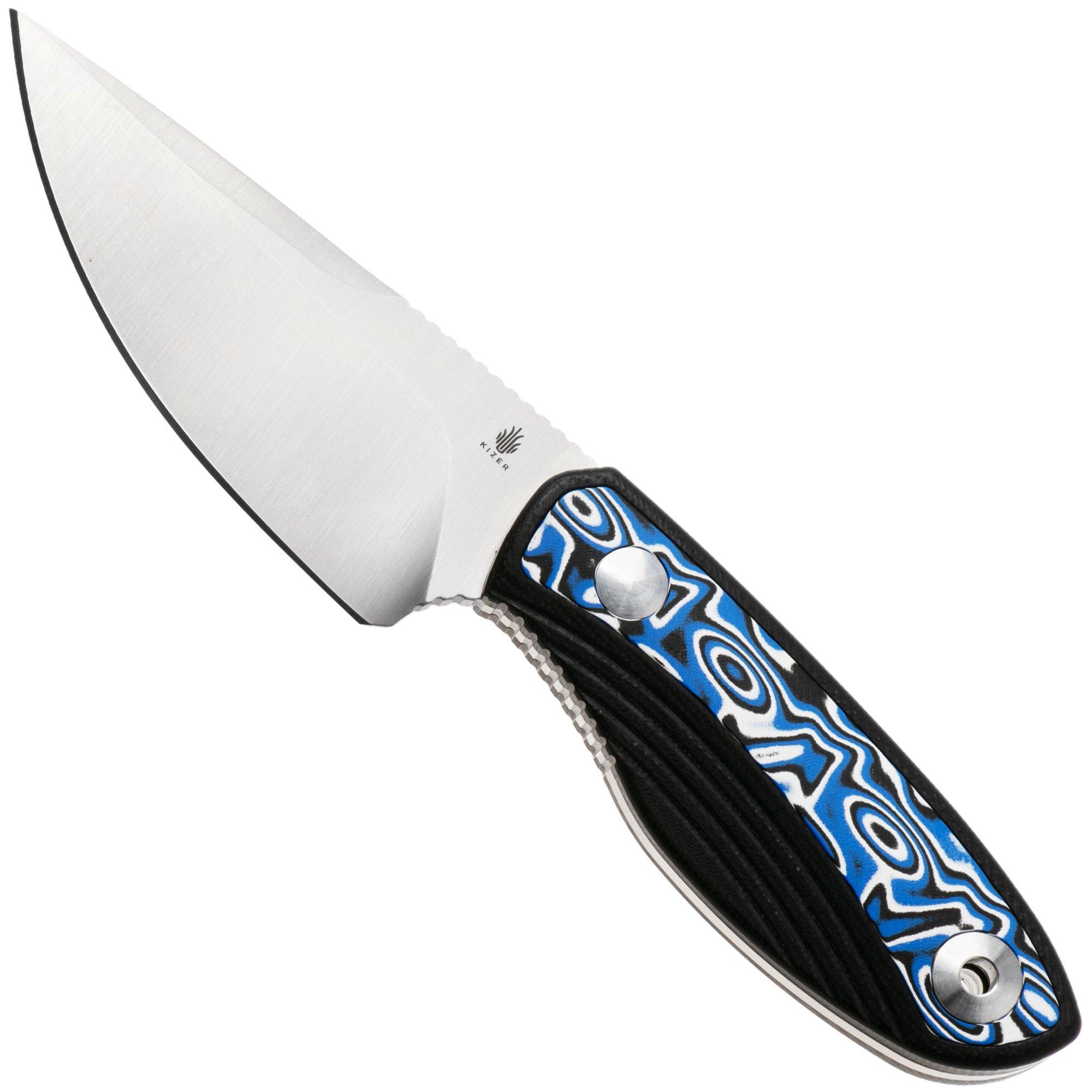 Kizer Finch 1134A3, Satin Stonewashed AEB-L, Black G10/Vortex Pattern Micarta fixed knife, Vincent Rizzo design