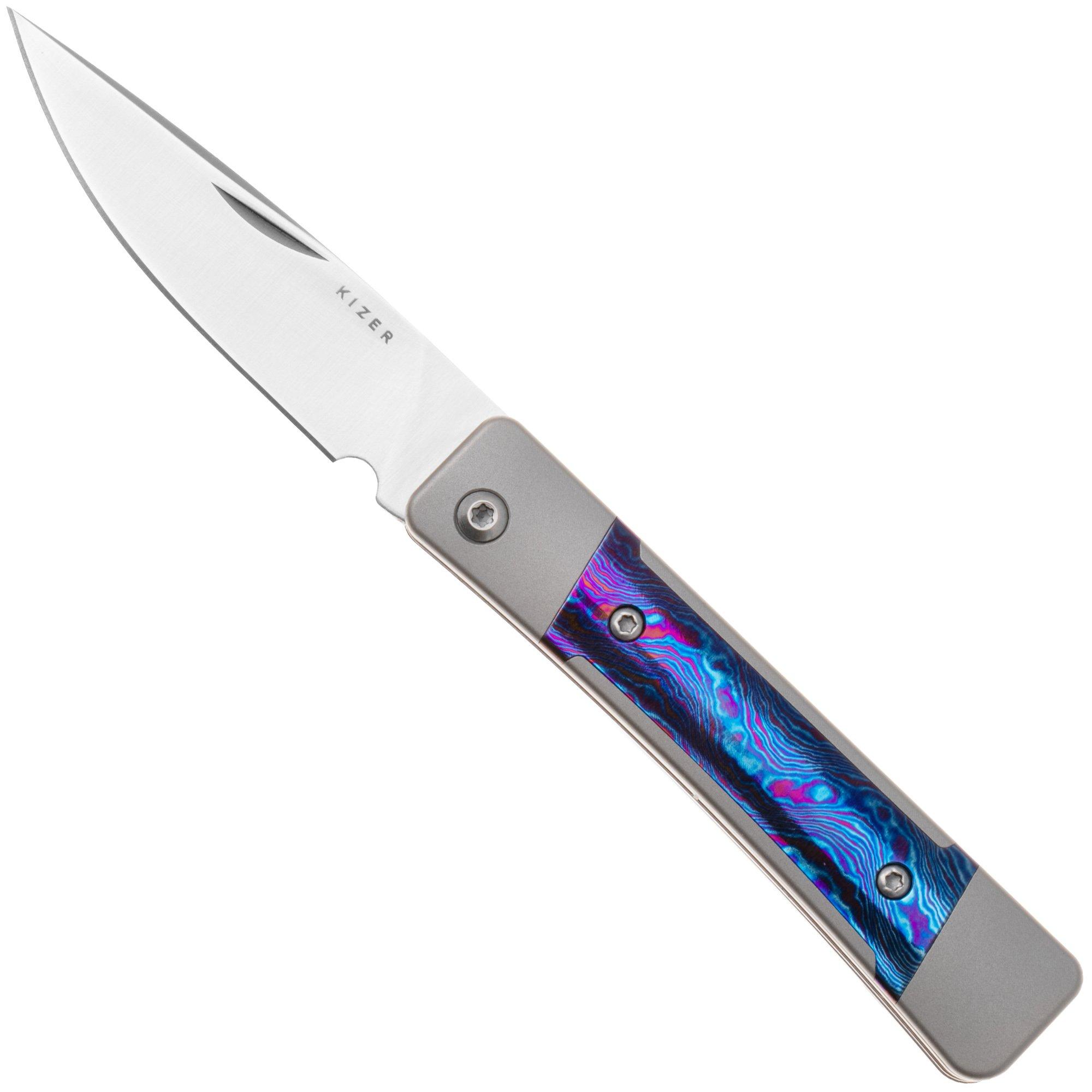 Kizer Little Grand KI2670A3, Satin M390, Grey Titanium, Blue Timascus pocket knife, Jonathan Styles design