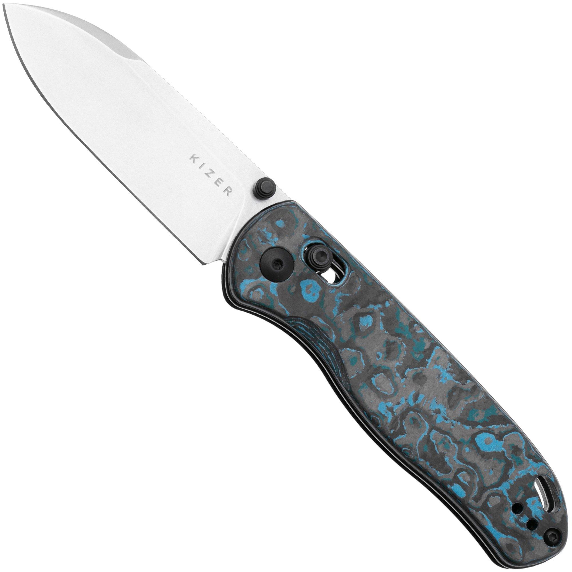 Kizer Vanguard Drop Bear KZKI3619A2 Stonewashed Elmax, Blue Fatcarbon, pocket knife, Azo design
