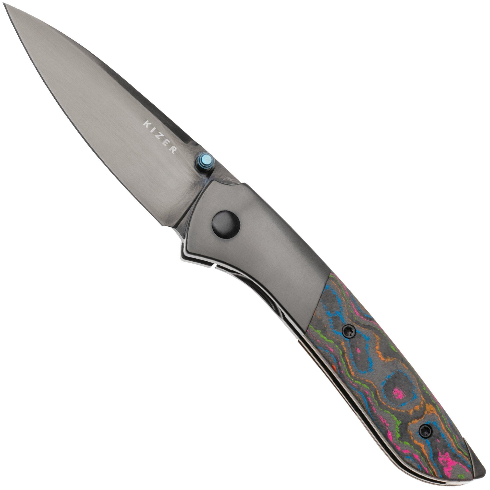 Kizer Spitfire KI3690A2 Polished DLC S35VN, Black Titanium 80's Camo Carbon, zakmes