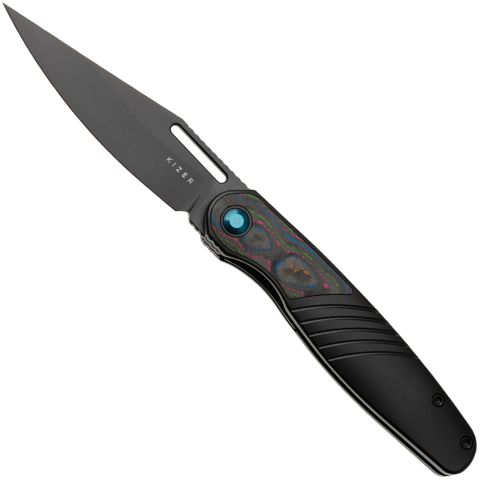Kizer Raze KI3720A1 Matte DLC S45VN, Black Titanium Camo Carbon 80's Inlay, pocket knife, Mark Perez design