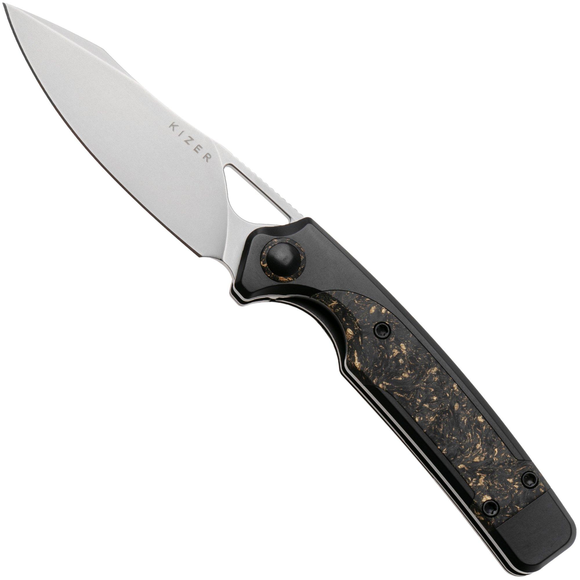 Kizer Ara KI3729A1, Bubble Stonewashed CPM S45VN, Titanium / Gold Flake Carbon Fiber pocket knife, Jonathan Styles and Paul Munko design