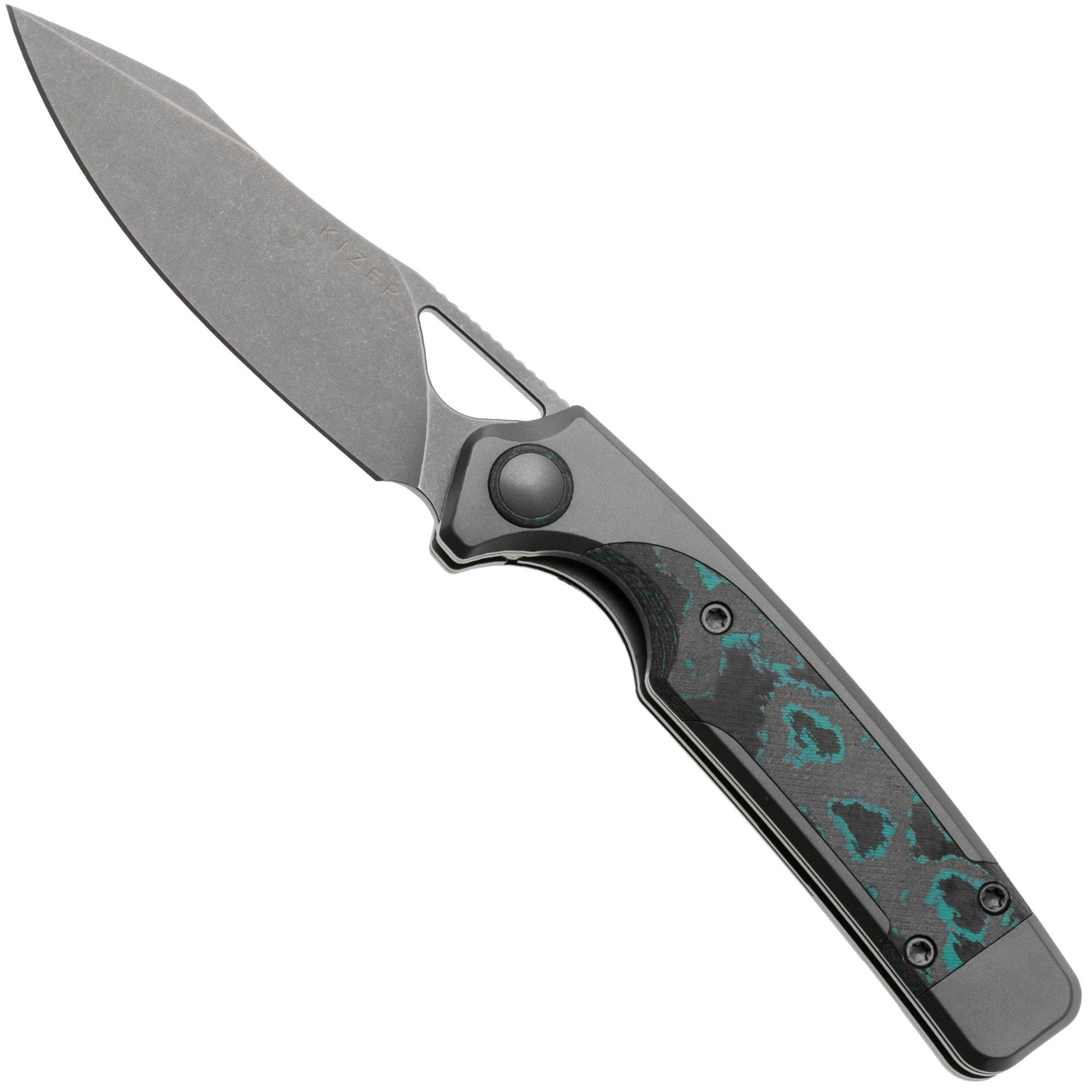 Kizer Ara KI3729A2, Gray Stonewashed CPM S45VN, Titanium / Brittany Blue Camo Carbon pocket knife, Jonathan Styles and Paul Munko design