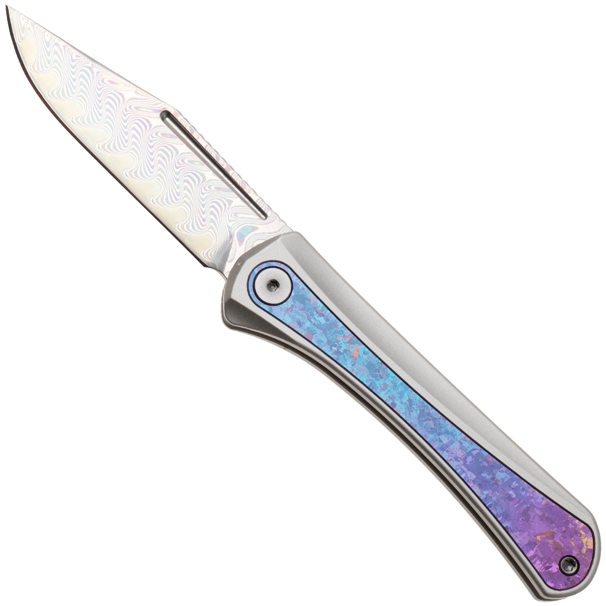 Kizer Melody Ki3732A1, Acid-Washed Damascus, Rainbow Aluminum/Crystallized Titanium pocket knife, Paul Munko design