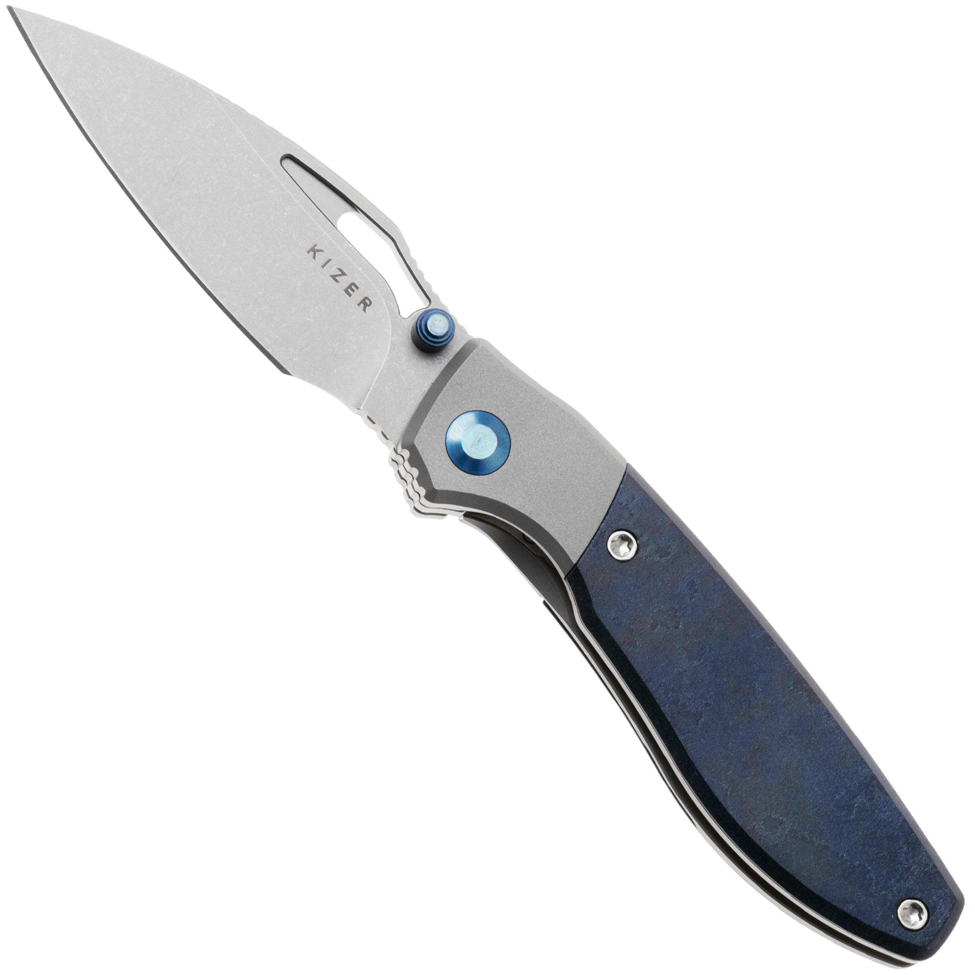 Kizer Shrike KI3746A3 Stonewashed S45VN, Titanium & Blue Richlite, zakmes, Johan Jordaan design