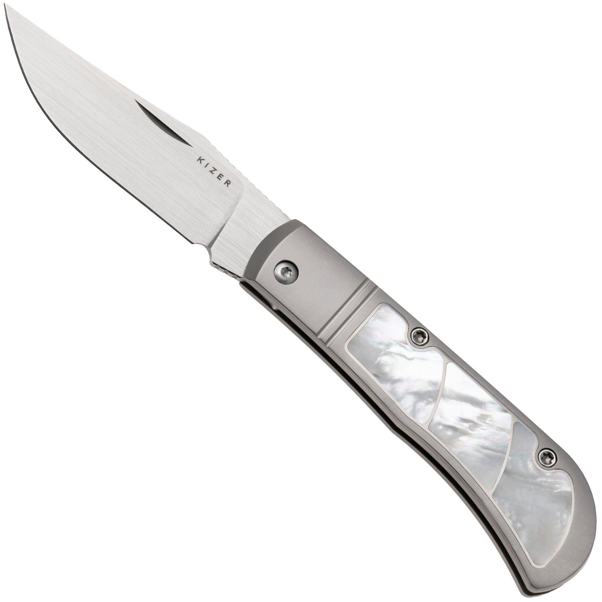Kizer Trestle KI3761A3 Hand Brushed S45VN, Titanium Mother Of Pearl Inlay, pocket knife, Azo design
