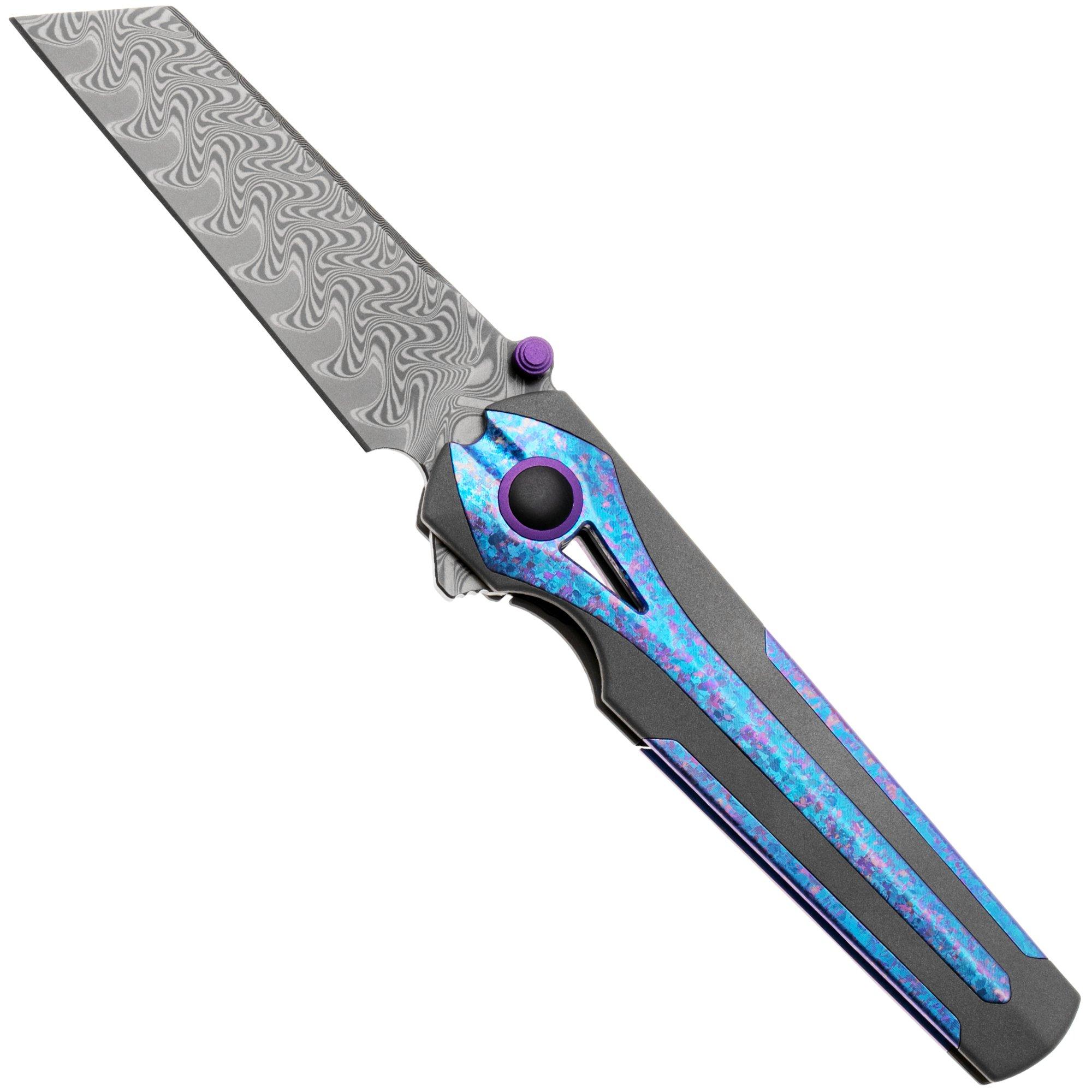 Kizer Staff Ki3795A1, Acid-Washed Damascus, Titanium/Crystallized Titanium pocket knife, Jonathan Styles design