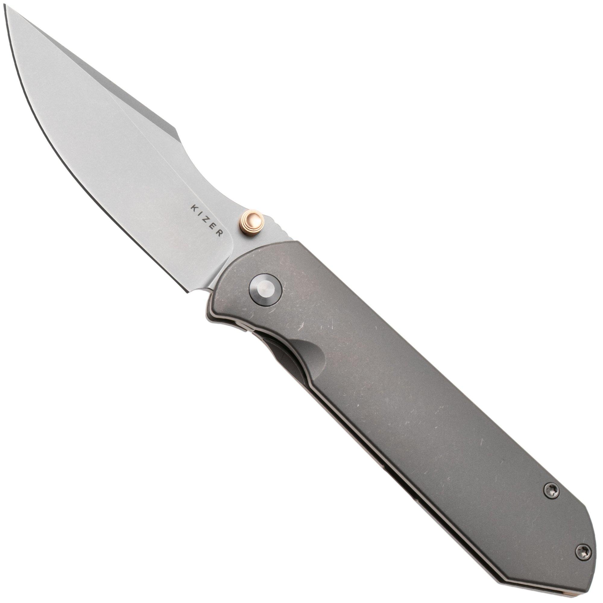 Kizer Harpoon Fold Ki4784A1 Stonewashed Elmax, Titanium, zakmes, Maverick Customs design