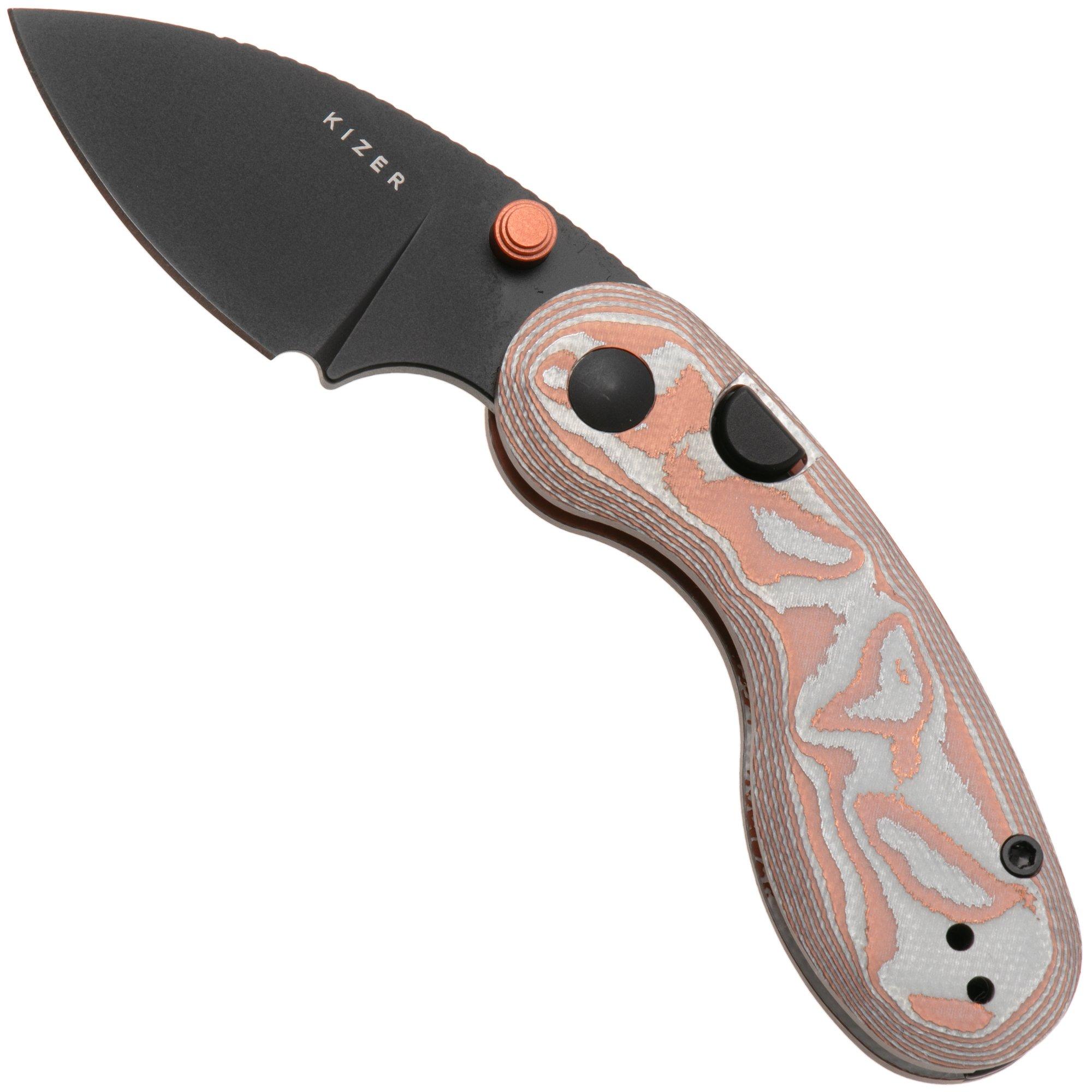 Kizer Microbe V2742A12, Black PVD 14C28N, Pink/White GFN pocket knife, Maksim Epifantsev design