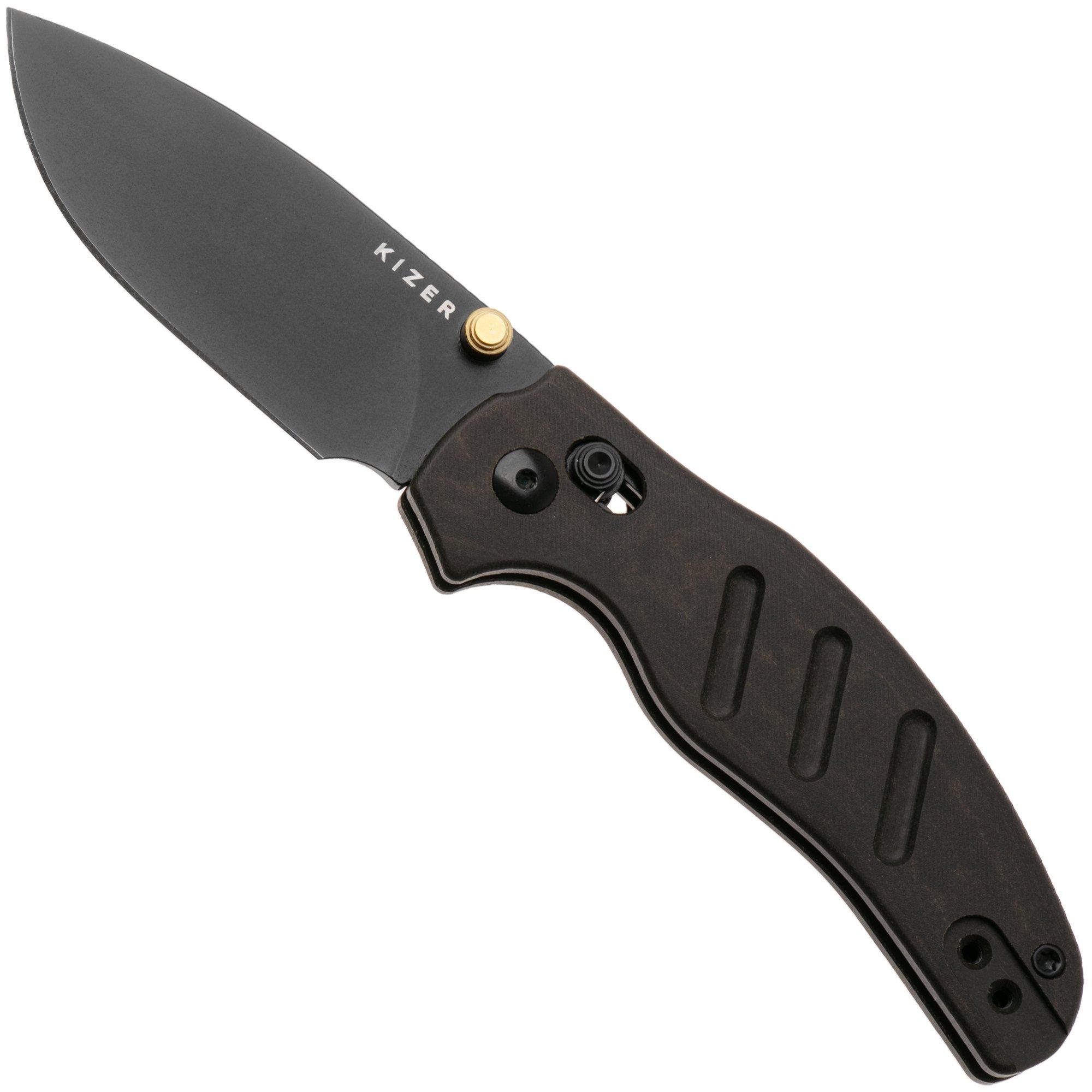 Kizer Vanguard C01C 2.9 CD V3488.29CDA2 PVD Nitro-V, Dark Brown Richlite, pocket knife, Chris Conaway design
