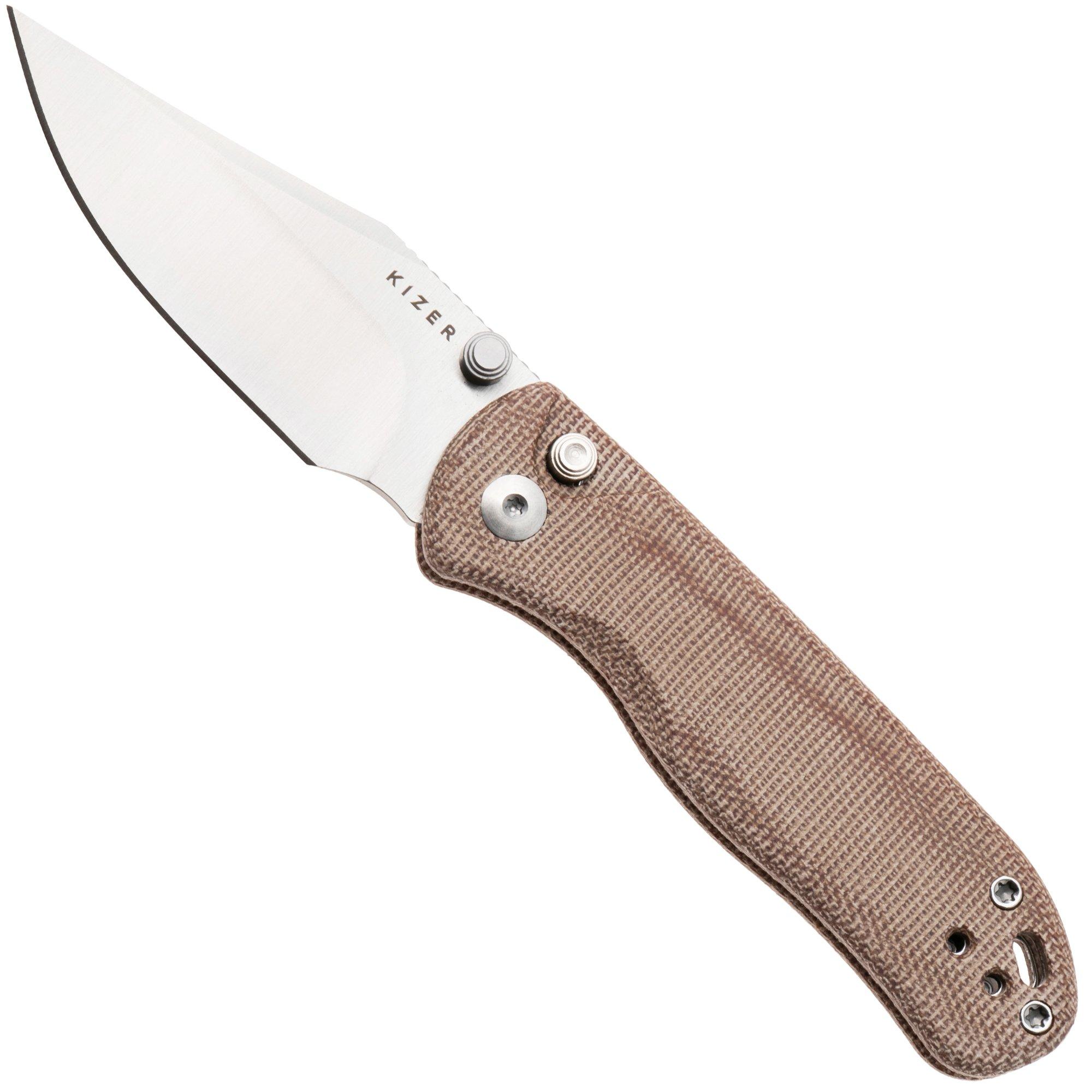 Kizer Vanguard Drop Bear 2, V3619-2CC1 Satin Nitro-V, Brown Micarta, couteau de poche, Azo design