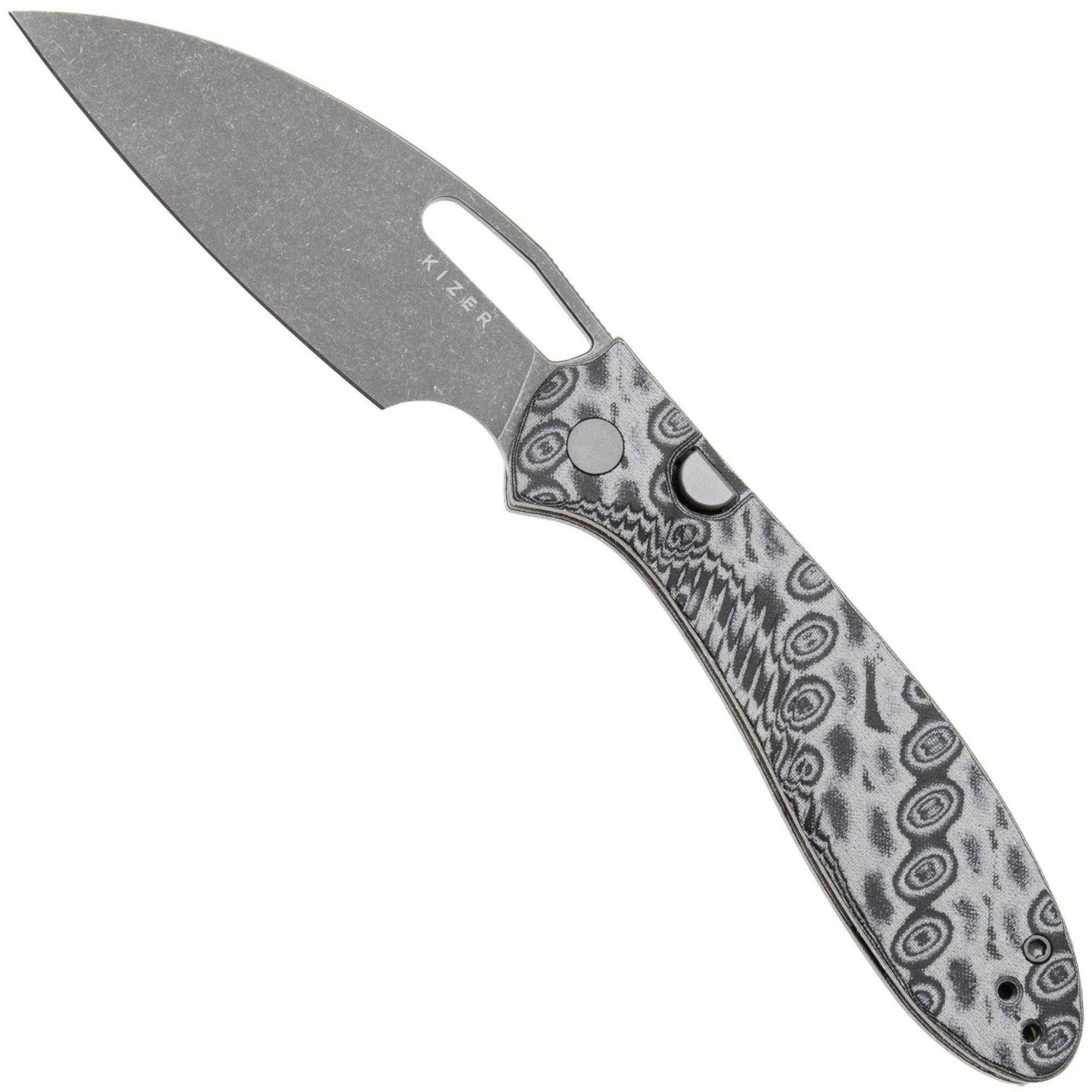 Kizer Masu V3697A2, Gray PVD 14C28N, Vortex Pattern Micarta pocket knife, Caleb Waldman design