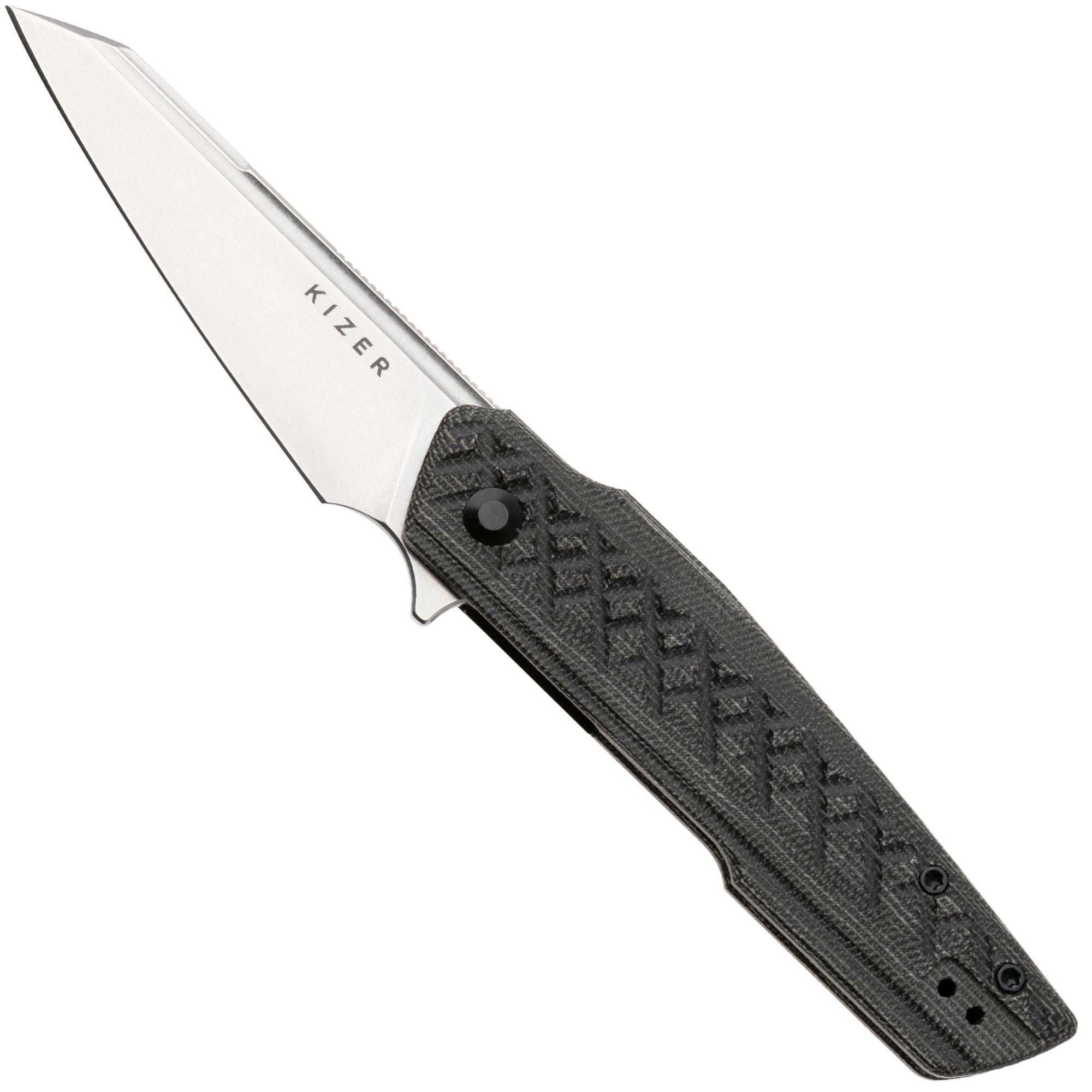 Kizer Skinner V3725A2, Stonewashed Nitro-V, Black Micarta pocket knife, Maciej Torbé design