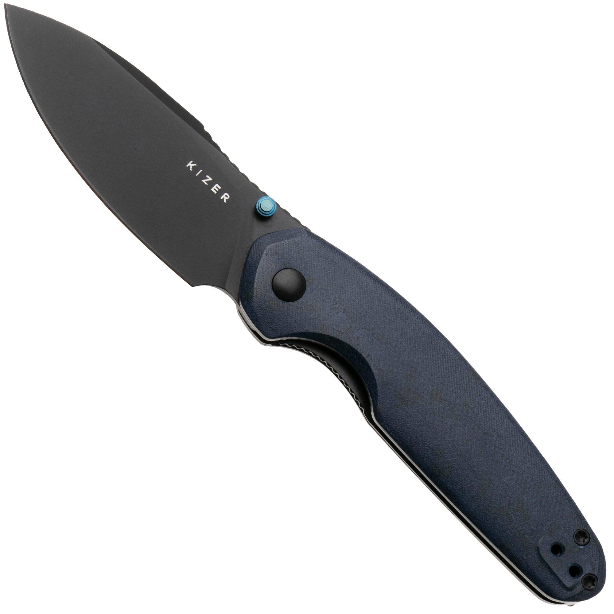 Kizer Meteora V3730A3, Black PVD Nitro-V, Blue Richlite pocket knife, Evgeniy Bulychev design