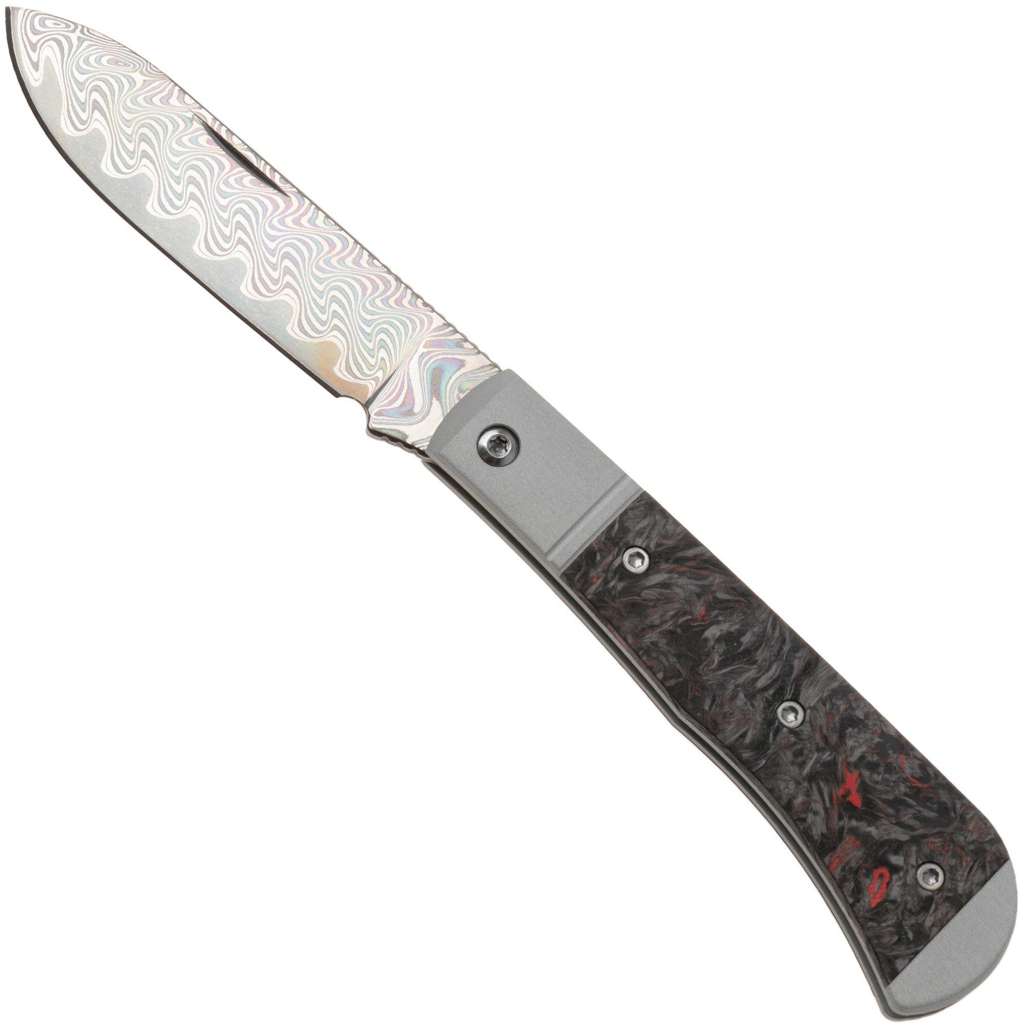 Kizer Vanguard Trestle D V3760A5 Acid-Washed Rainbow Damascus, Aluminium & Red FatCarbon, pocket knife, Azo design
