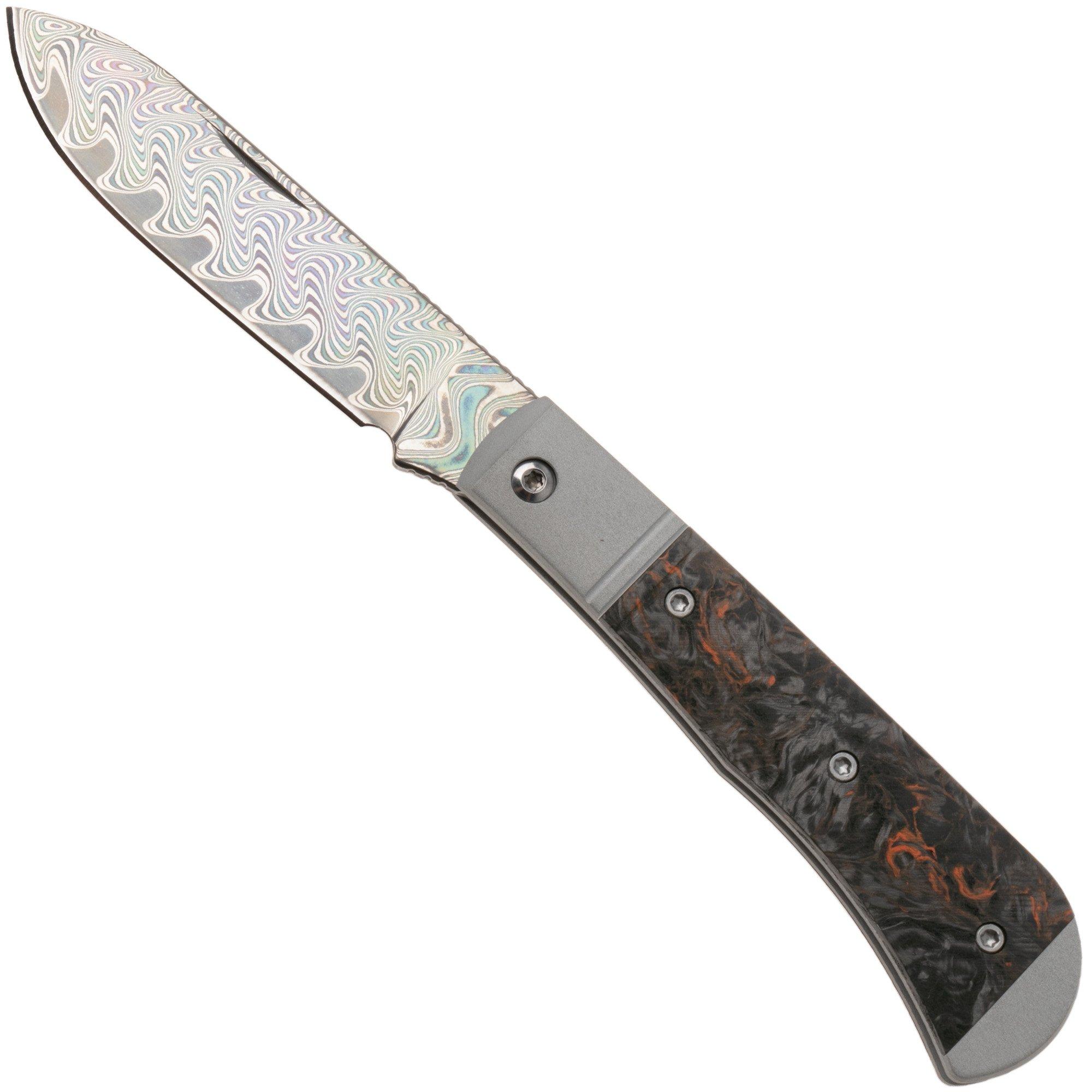 Kizer Vanguard Trestle D V3760A6 Acid-Washed Rainbow Damascus, Aluminium & Orange FatCarbon, couteau de poche, Azo design