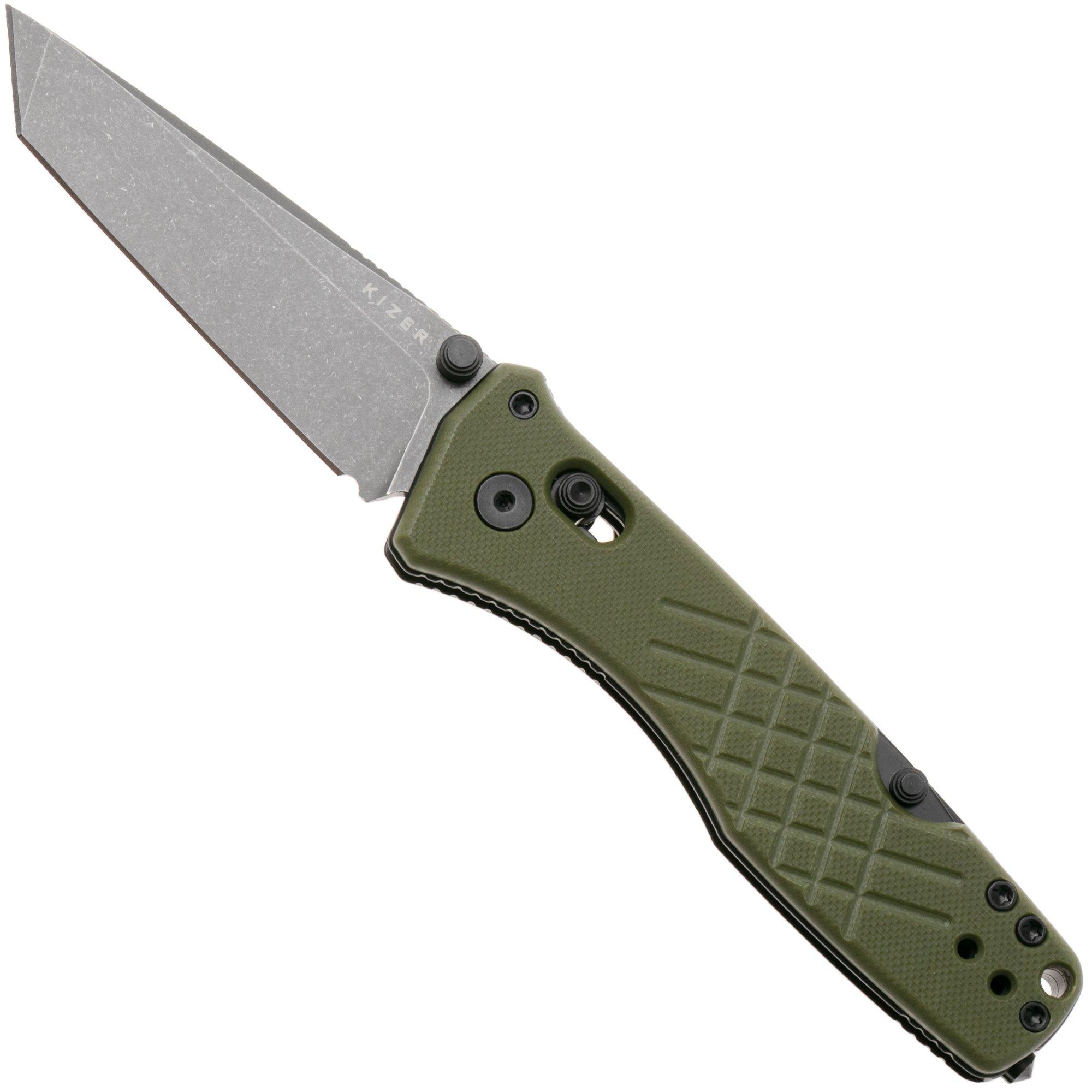 Kizer Vanguard Aegis T V3774CTA2 Graywashed AEB-L, Olive Green G10, pocket knife, Azo design