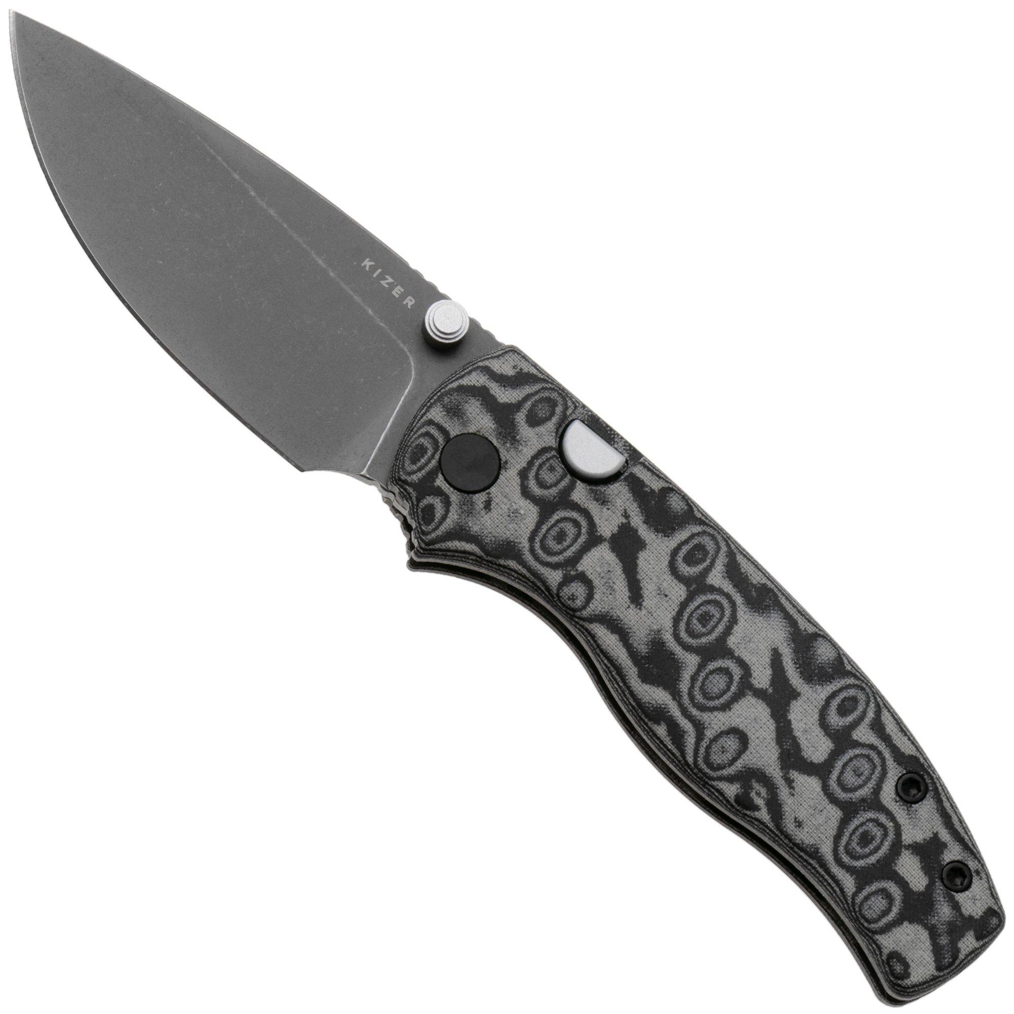 Kizer Vanguard Glaux V3801A2 Graywashed 14C28N, Vortex Pattern Micarta, coltello da tasca