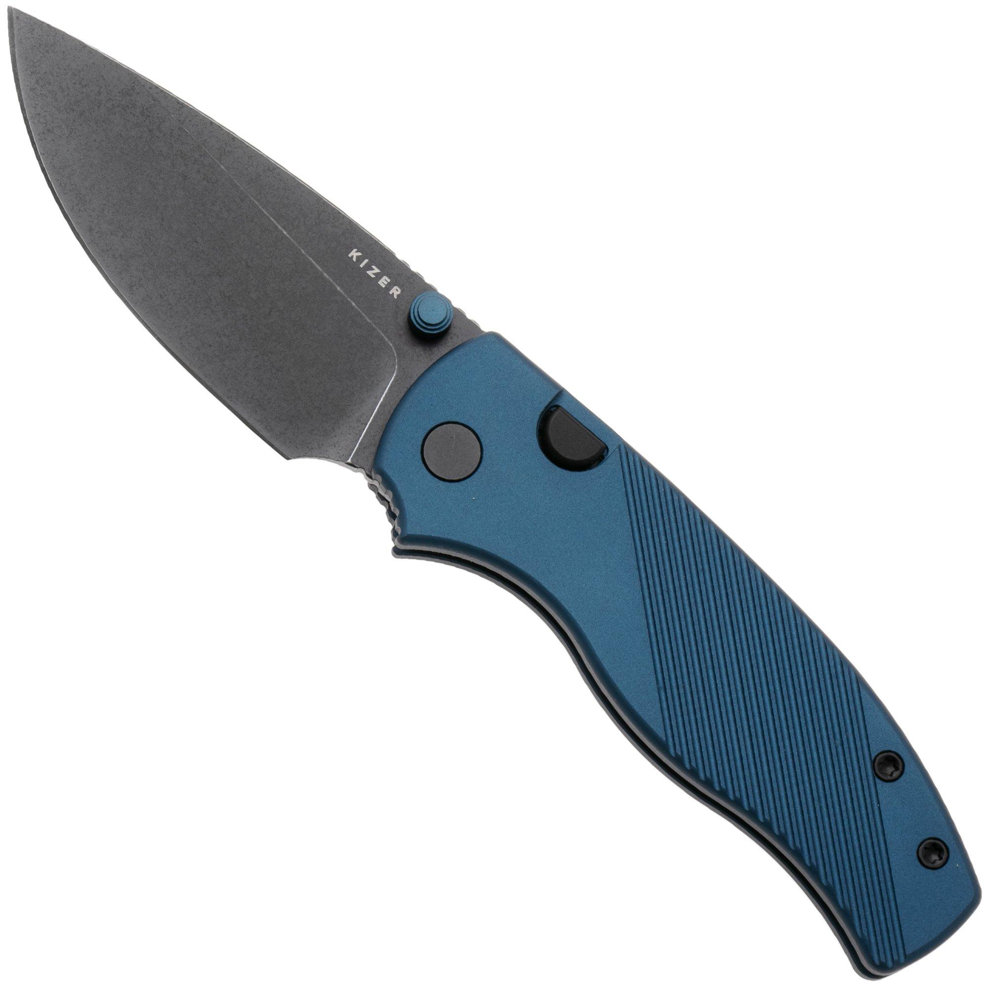 Kizer Vanguard Glaux V3801A3 Blackwashed 14C28N. Blue Aluminum, couteau de poche