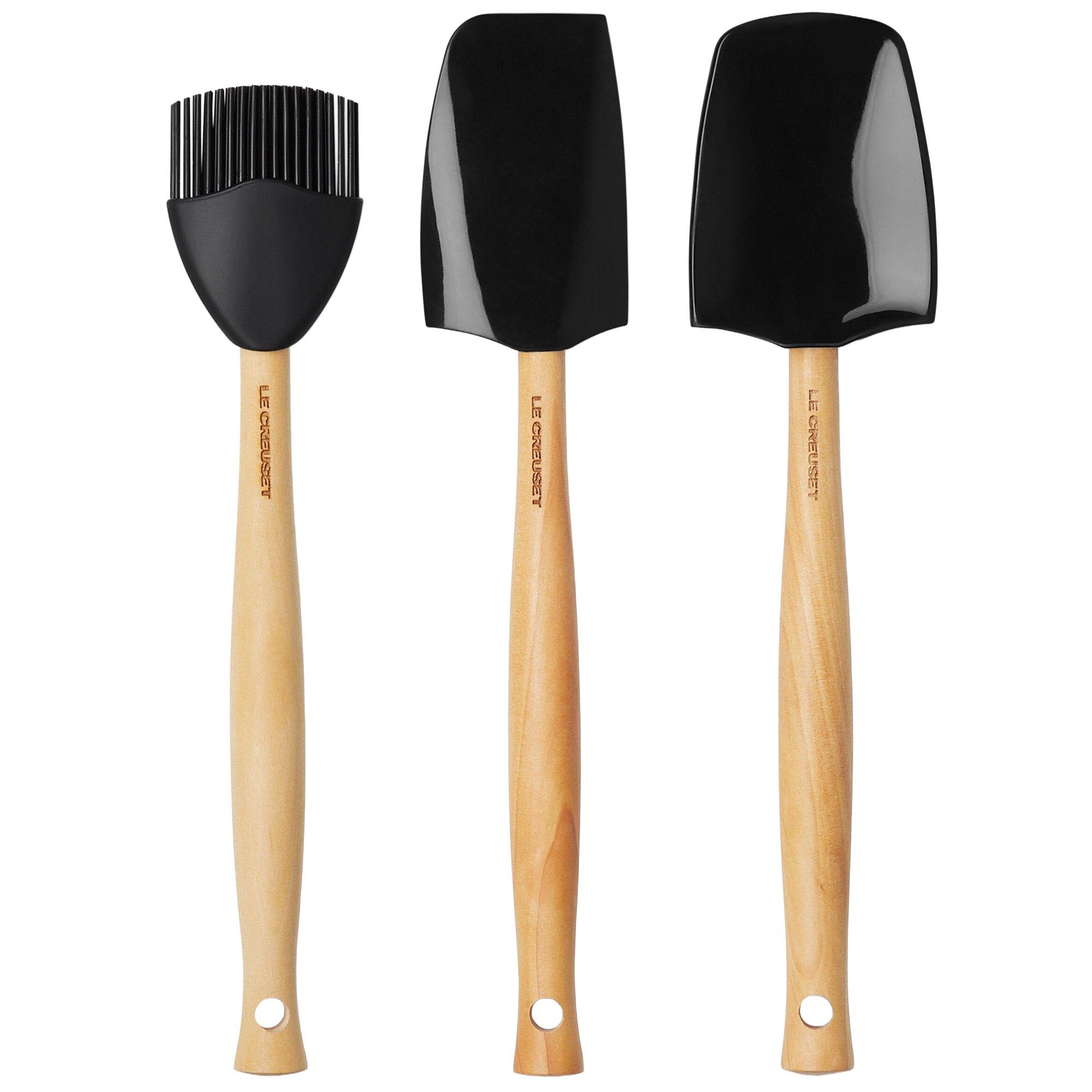 Le Creuset Premium Küchenutensilien-Set 3-teilig, schwarz, Holz und Silikon