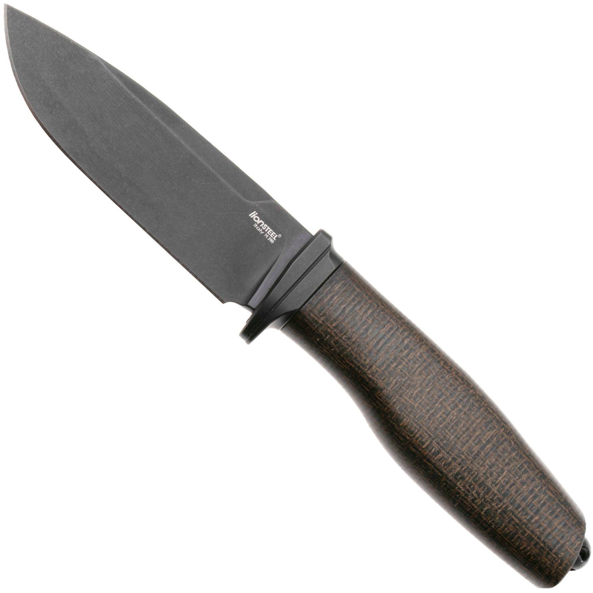 LionSteel Acha AH B BLG Blackwashed M390, Green Burlap Micarta, Black Titanium Guard, Fahrtenmesser