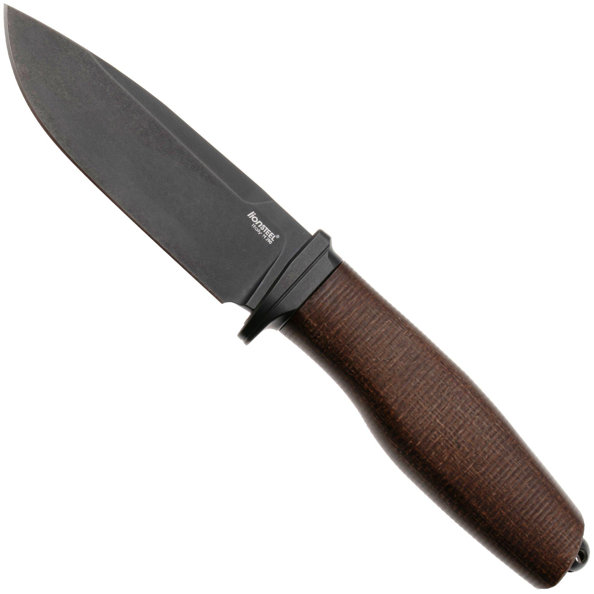 LionSteel Acha AH B BLN Blackwashed M390, Natural Burlap Micarta, Black Titanium Guard, Fahrtenmesser