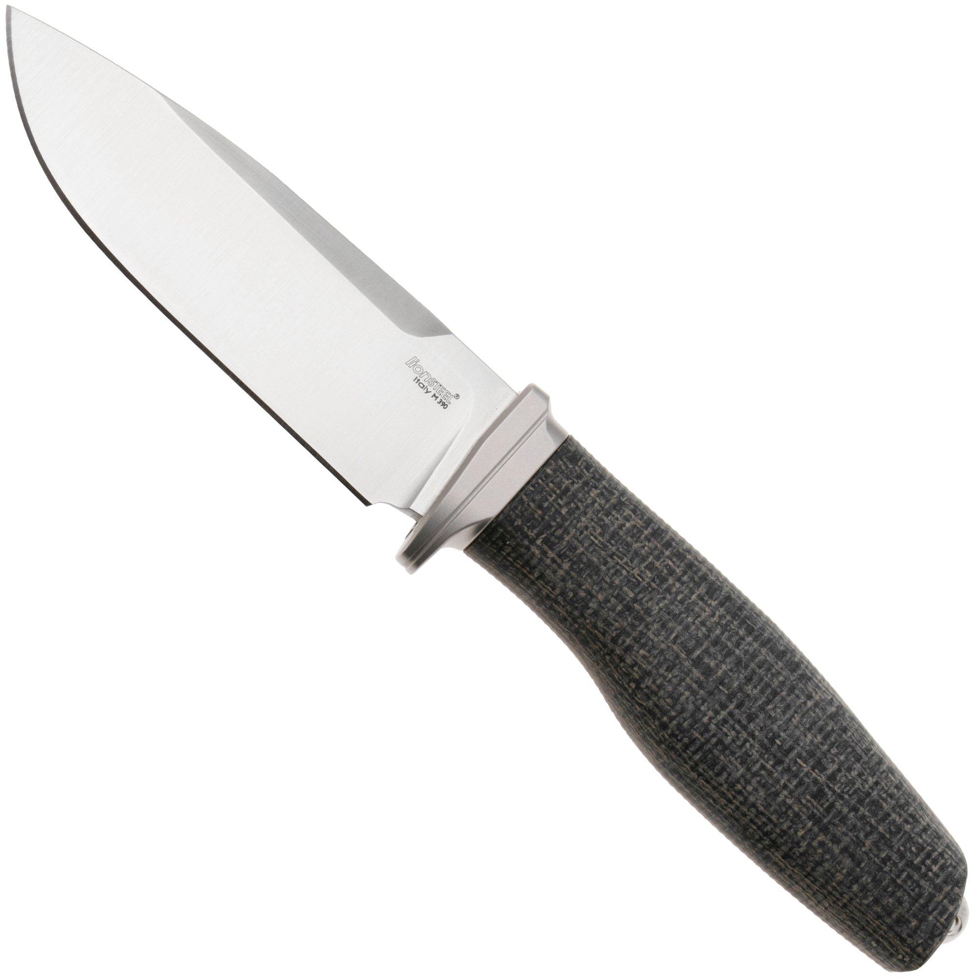 LionSteel Acha AH BLB Satin M390, Black Burlap Micarta, Titanium Guard, fixed knife