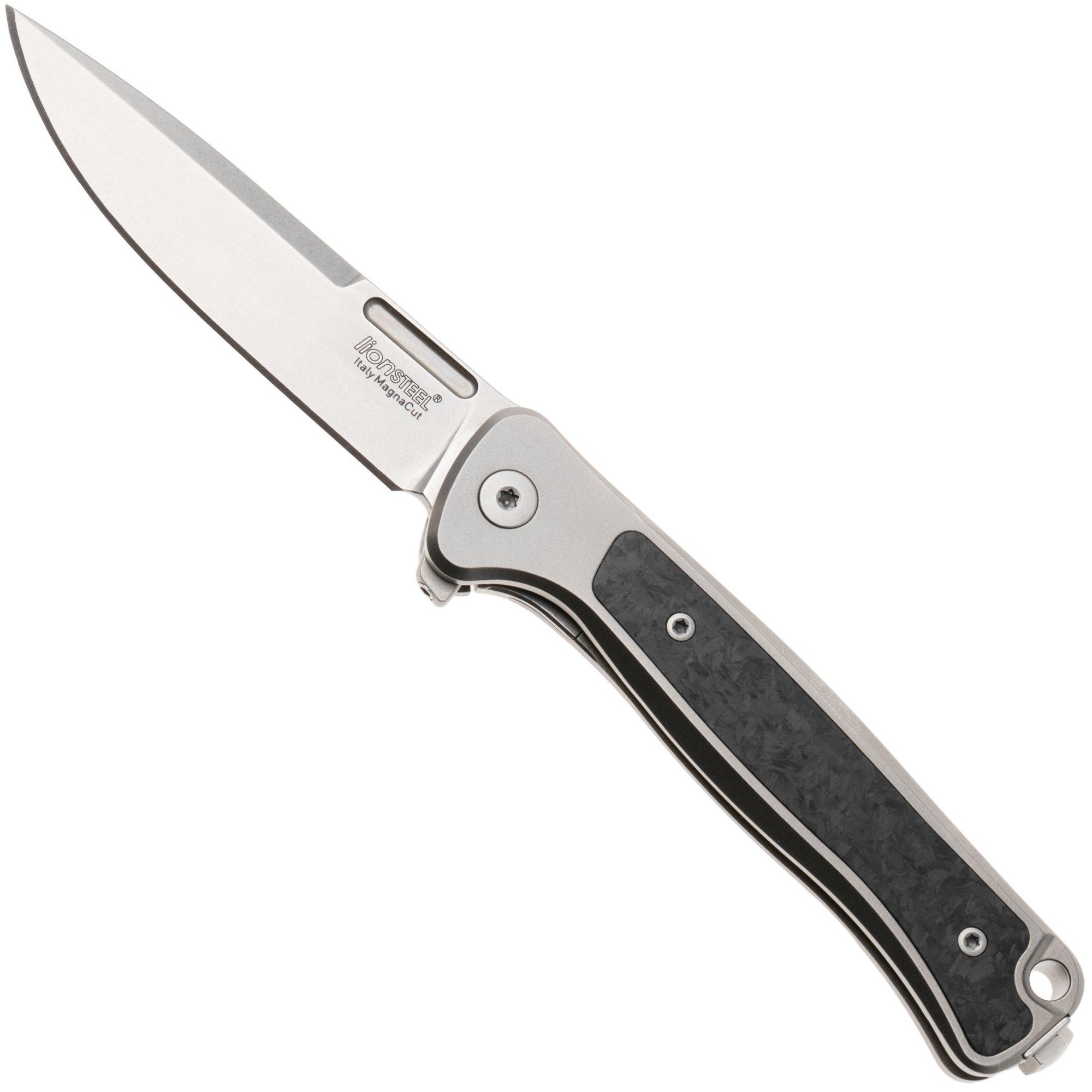 LionSteel Emmet EM01 GY Stonewashed MagnaCut, Grey Titanium Carbon Fibre Inlay, Taschenmesser, Molletta Design