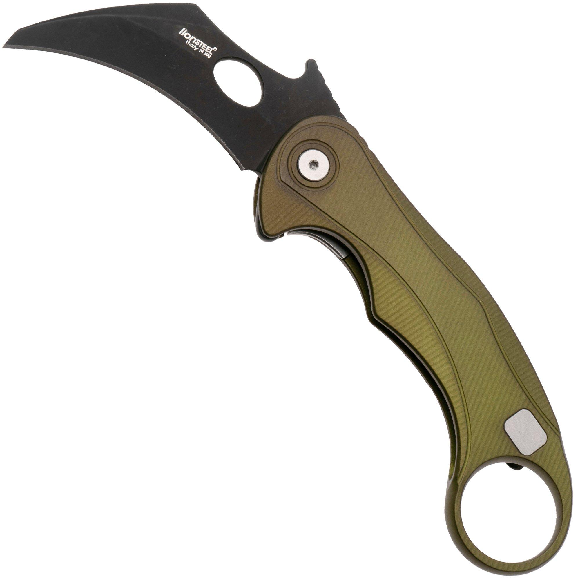 LionSteel L.E.One Mid LE2-GB, Old Black M390, Green Aluminum, karambit pocket knife