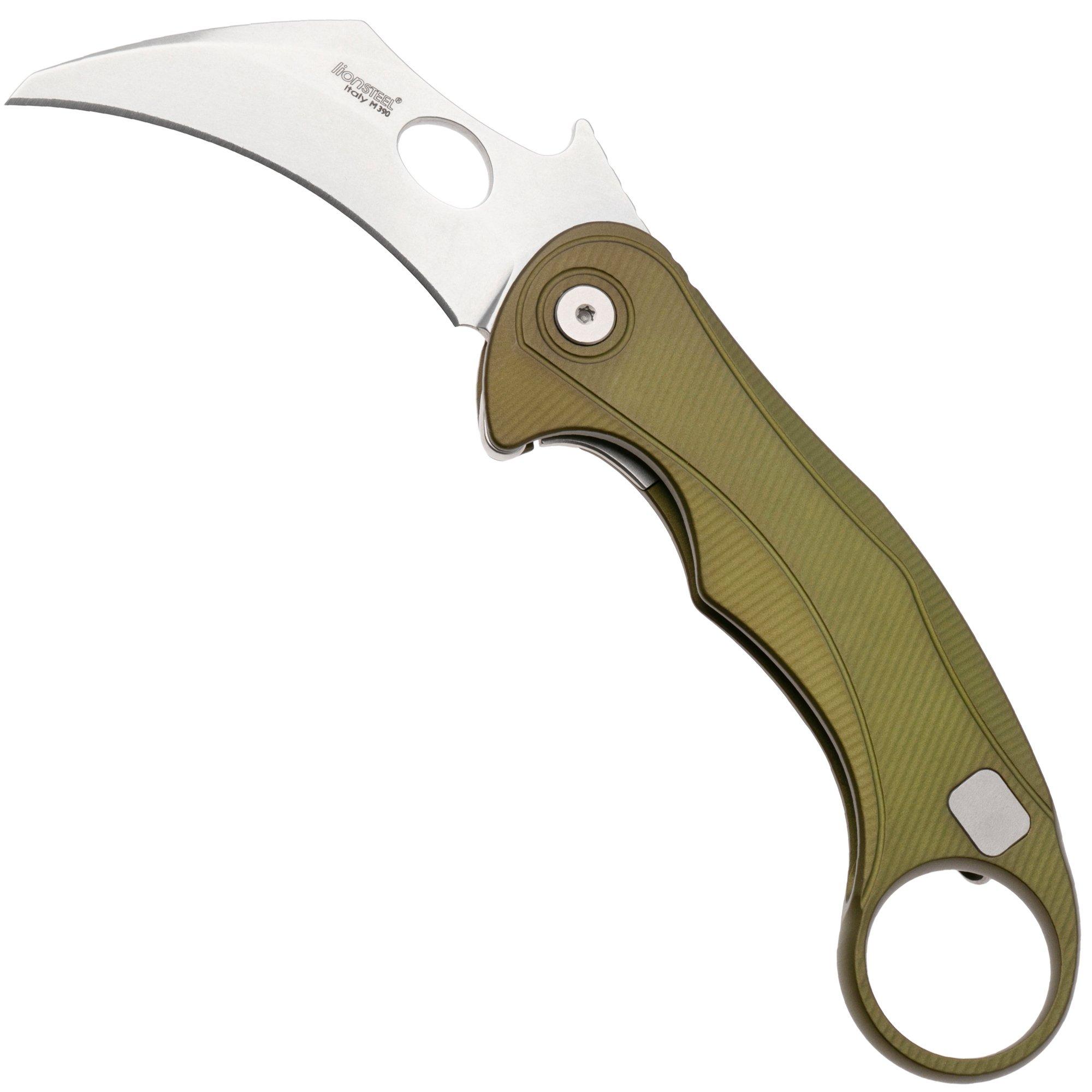 LionSteel L.E.One Mid LE2-GS, Stonewashed M390, Green Aluminum, karambit pocket knife