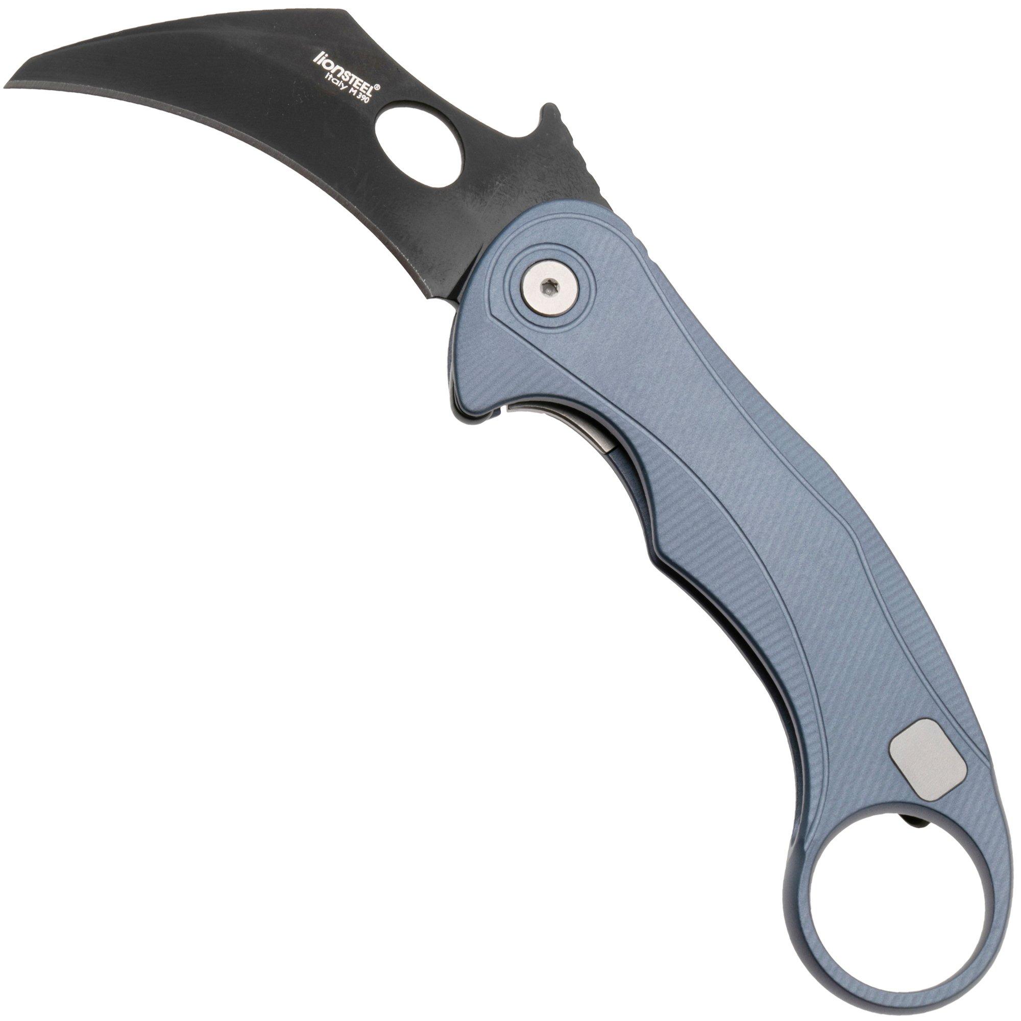 LionSteel L.E.One Mid LE2-IB, Old Black M390, Ice Blue Aluminum, karambit pocket knife