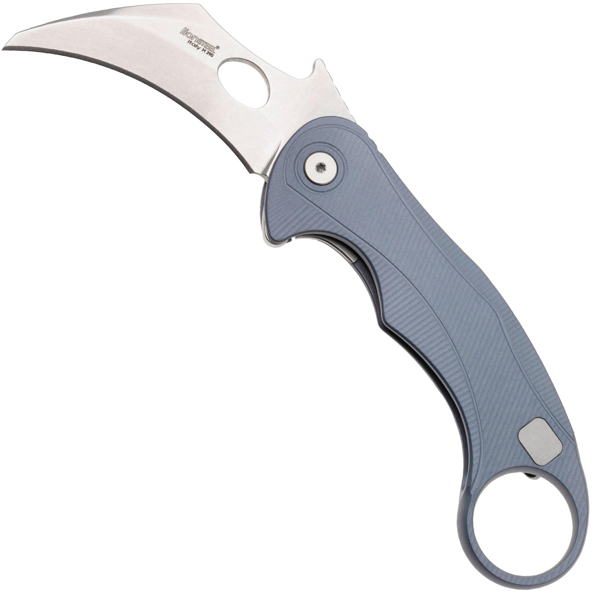 LionSteel L.E.One Mid LE2-IS, Stonewashed M390, Ice Blue Aluminum, karambit pocket knife