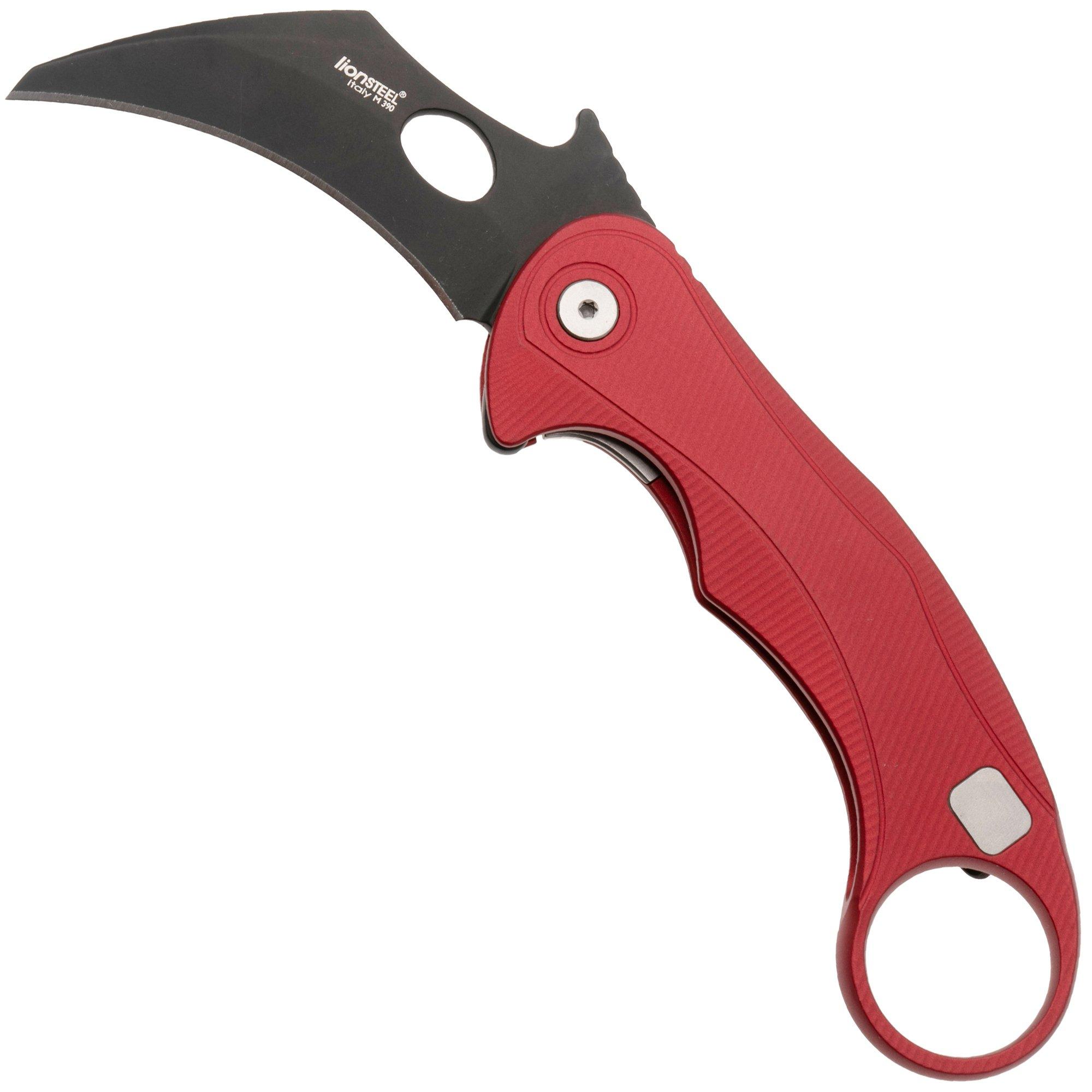 LionSteel L.E.One Mid LE2-RB, Old Black M390, Red Aluminum, karambit pocket knife