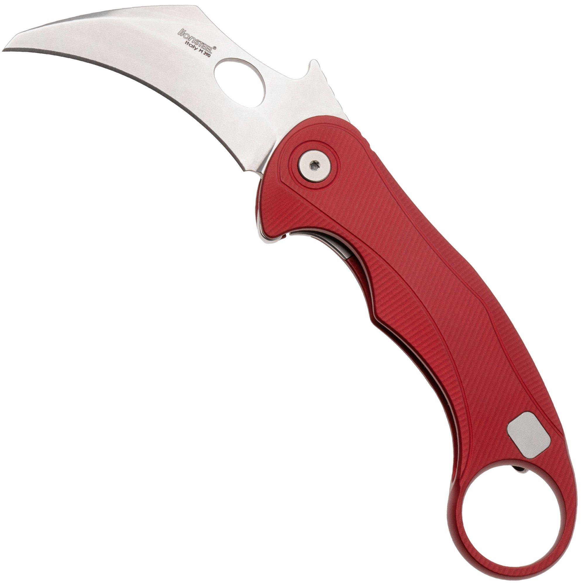LionSteel L.E.One Mid LE2-RS, Stonewashed M390, Red Aluminum, karambit pocket knife