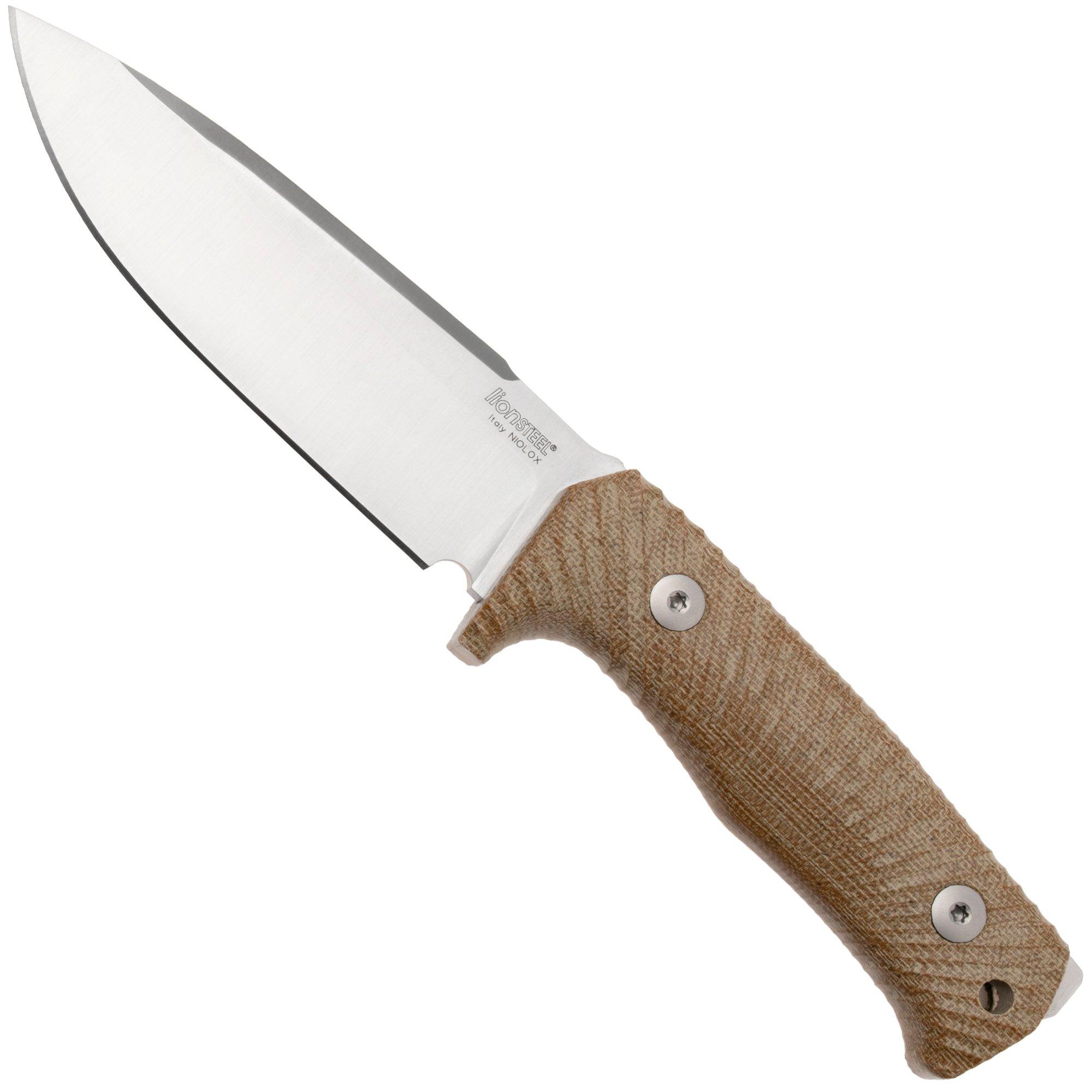 LionSteel T5-CVN Satin Niolox, Natural Canvas Micarta, vaststaand mes